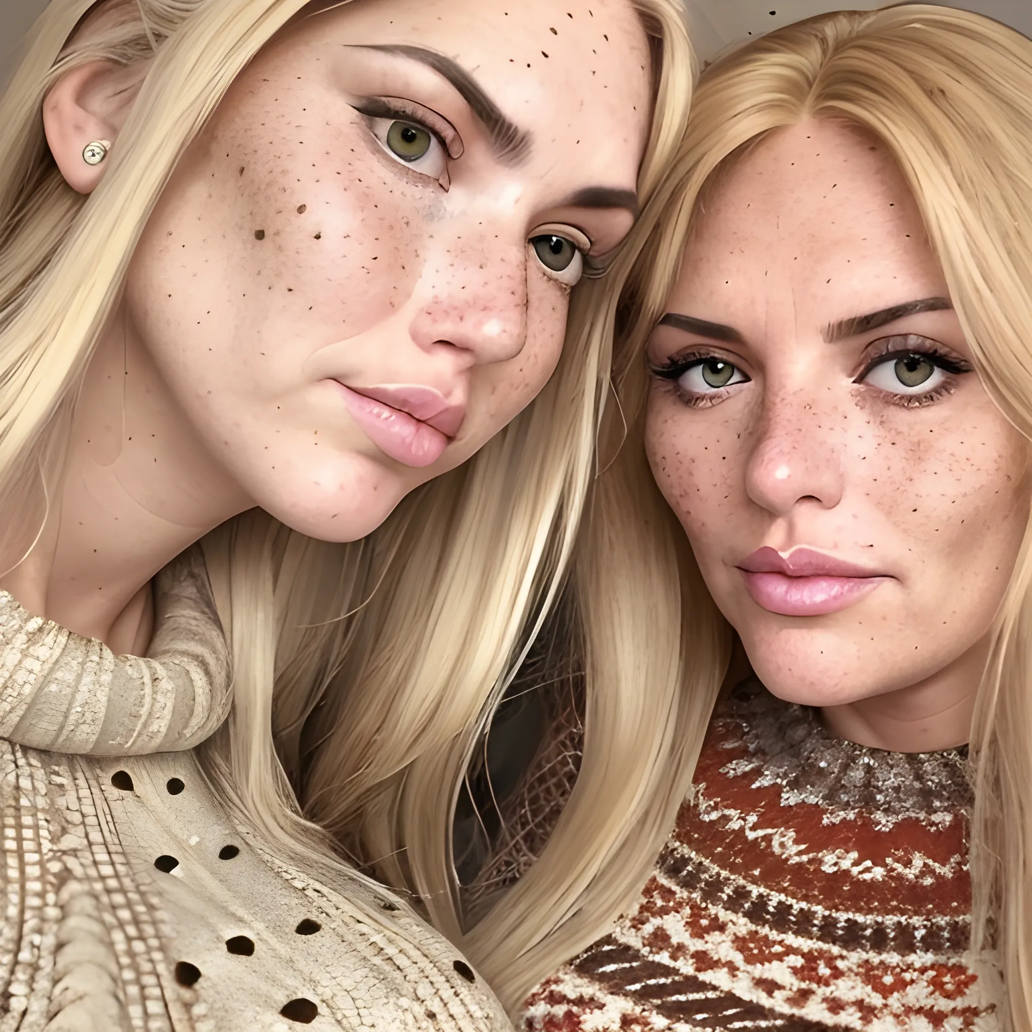 Two tall beautiful plus sized, buxom, ample, early middle-aged  Italian Women, long straight blonde hair, full lips, full face, freckles, fitted patternedsweaters, looking down at the camera, up close pov, touching, detailed 