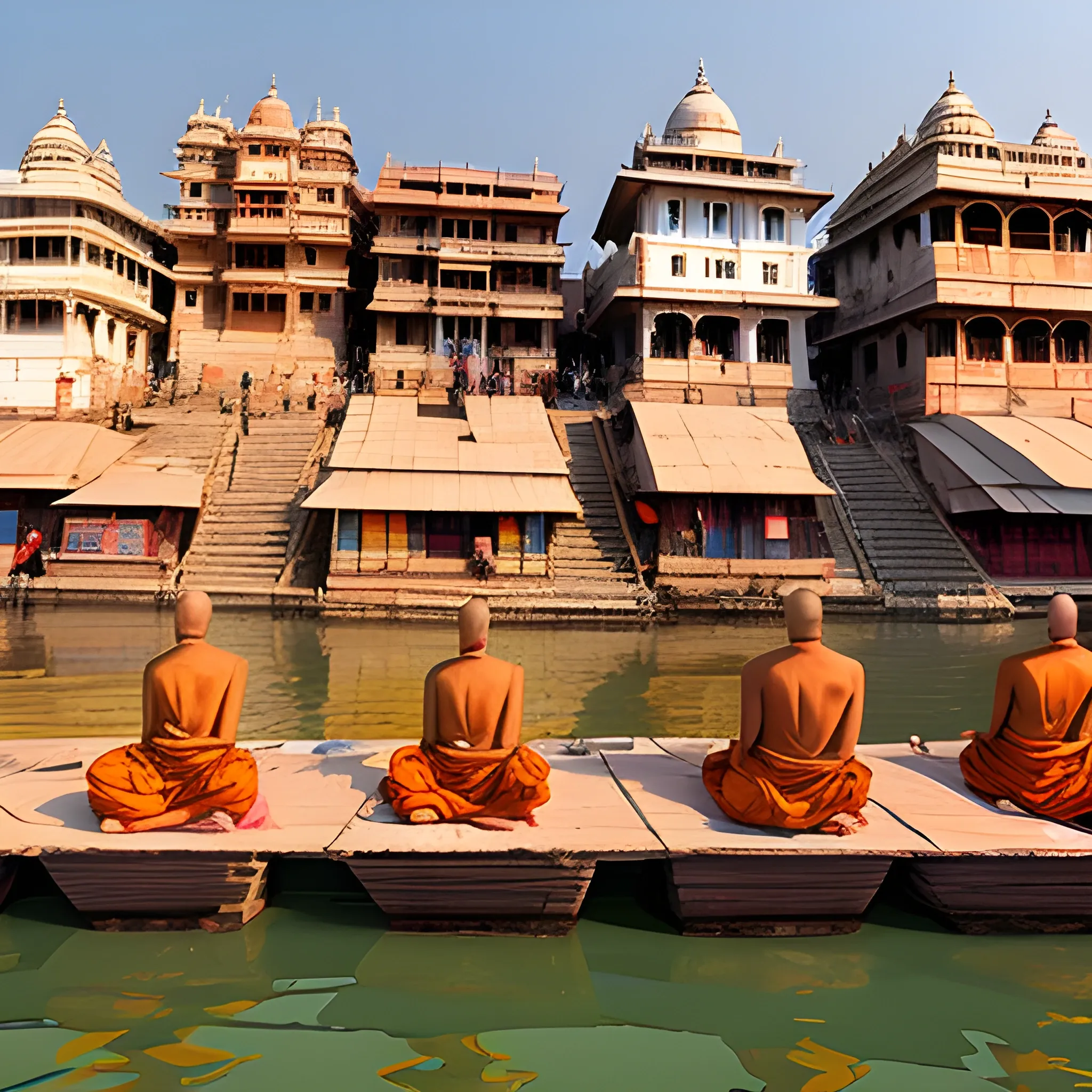 a very detailed picture on varanasi ghat. Hindi monks meditating on the ghat.