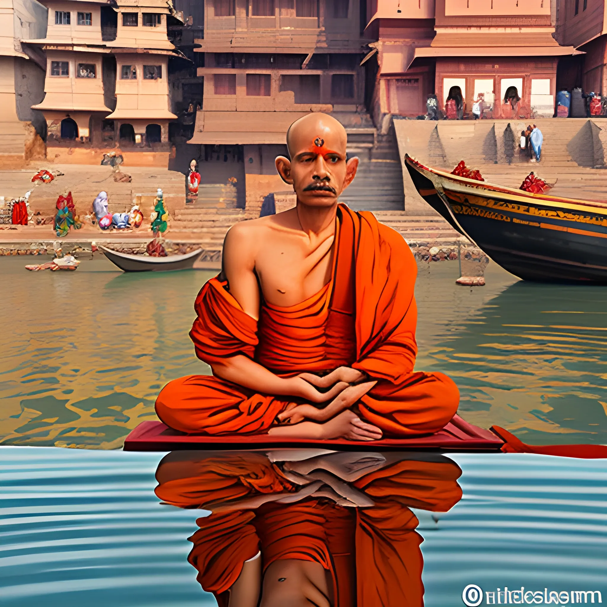 a very detailed picture on varanasi ghats with Hindu monks meditating on the ghat, very realistic hindu priest face