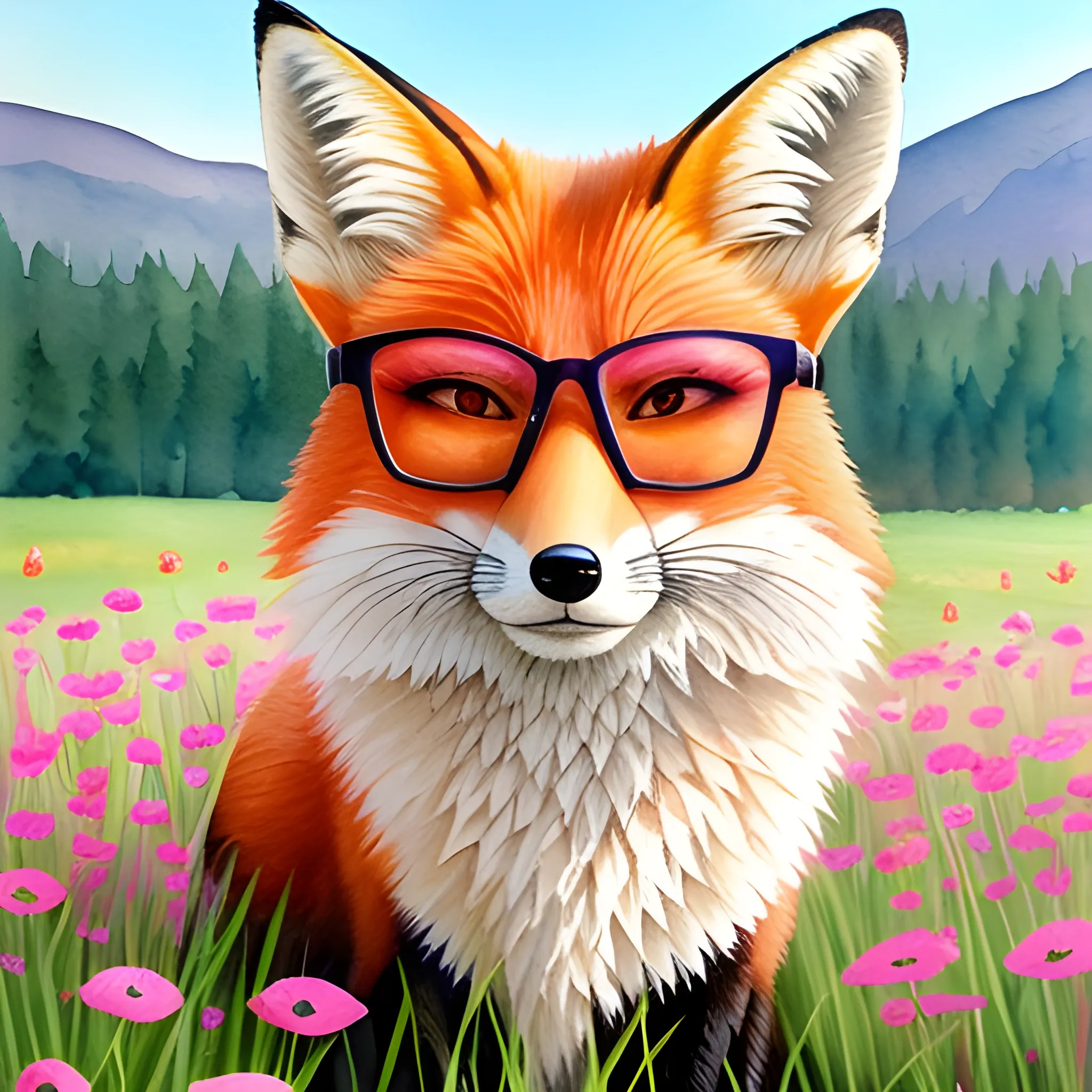 A small smiling fox with pink glasses in a meadow, watercolor, portrait, for kids, by arti chauhan trending on artstation, no background, masterpiece,