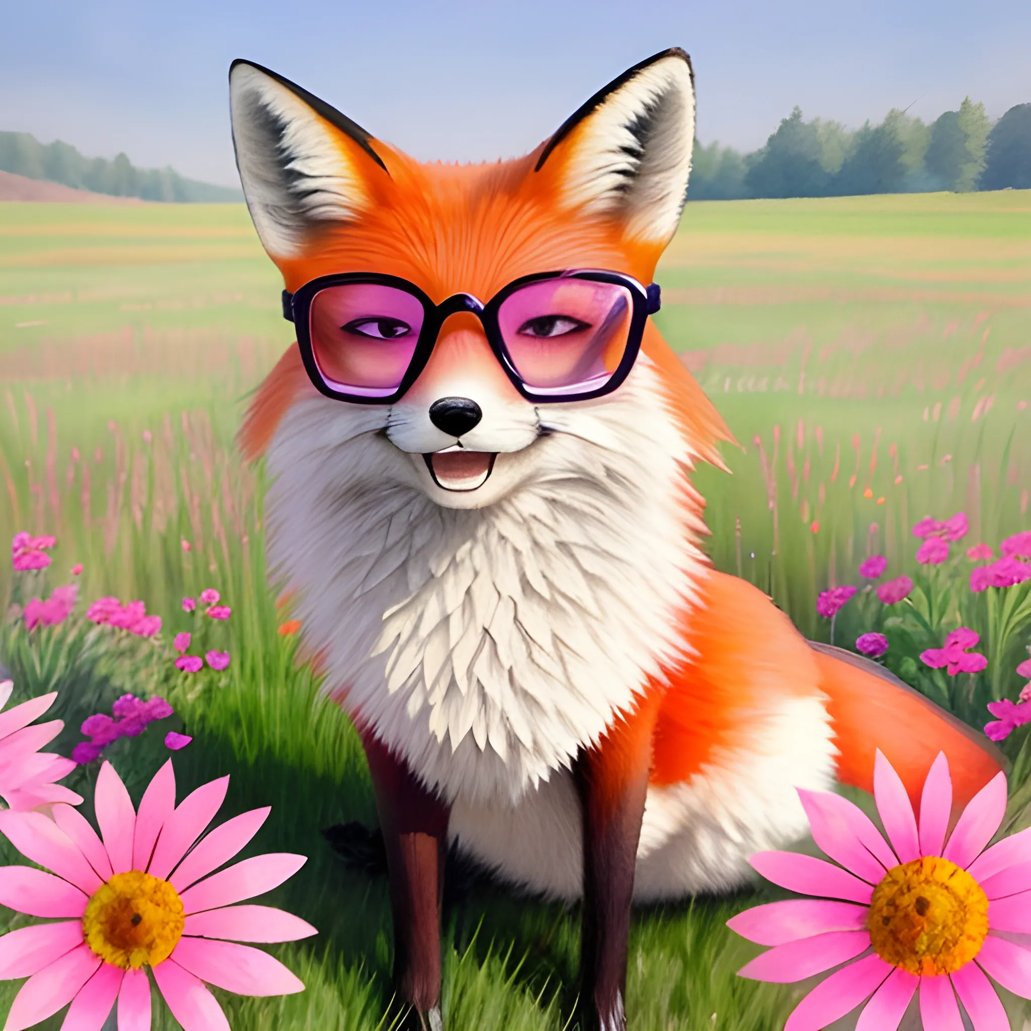 A small smiling fox with pink glasses in a meadow, watercolor, portrait, for kids, by arti chauhan trending on artstation, no background, masterpiece, 3D