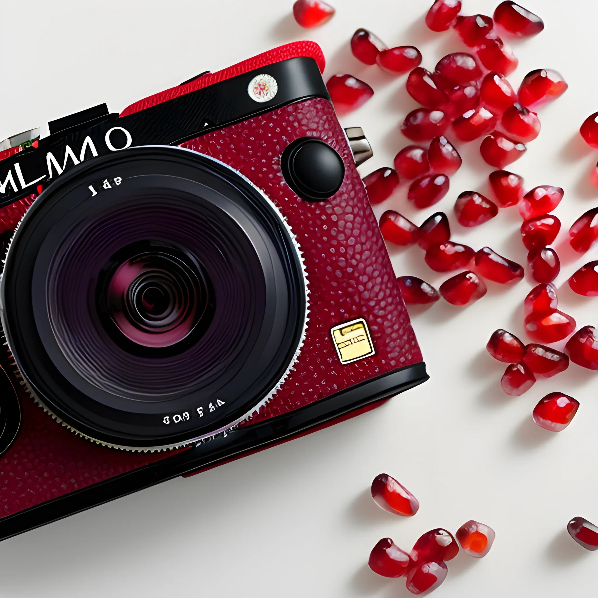 A camera covered with red pomegranate seeds