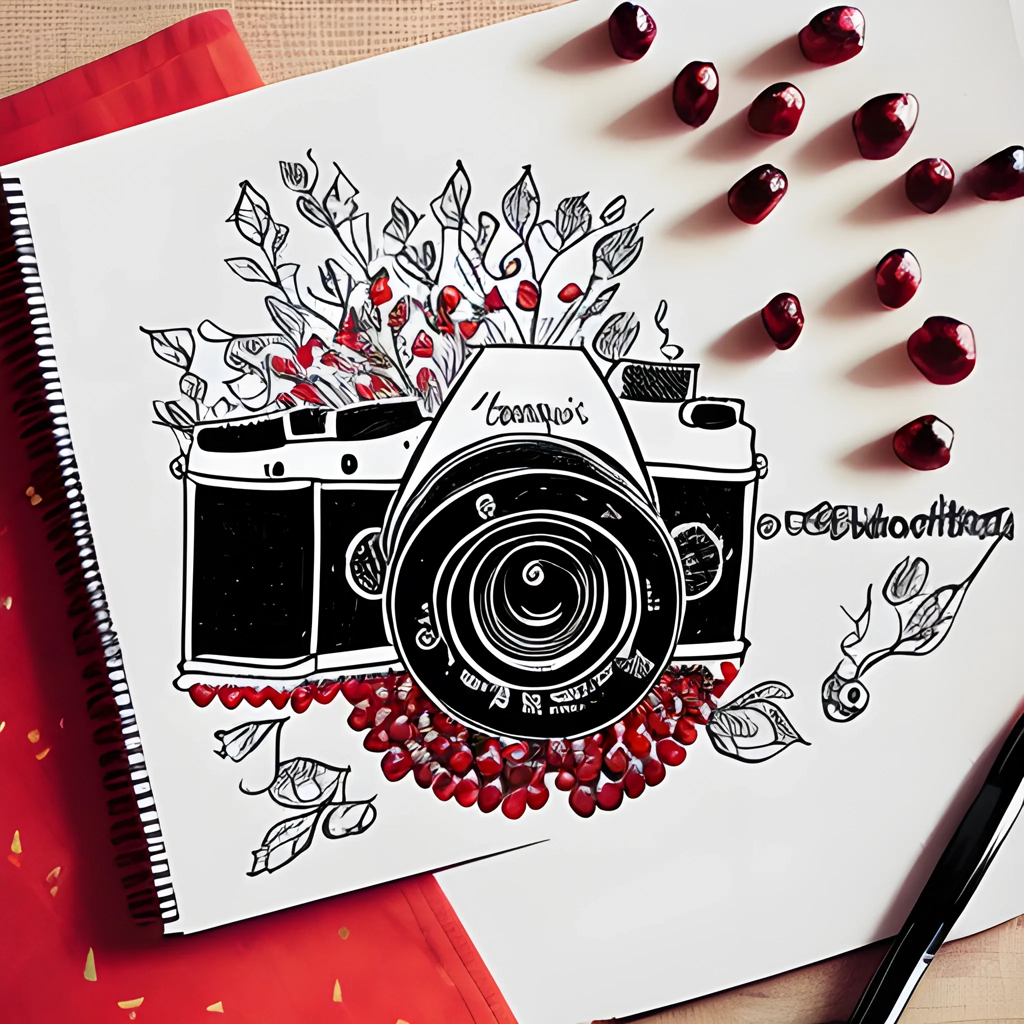 A camera covered with red pomegranate seeds, Doodles art