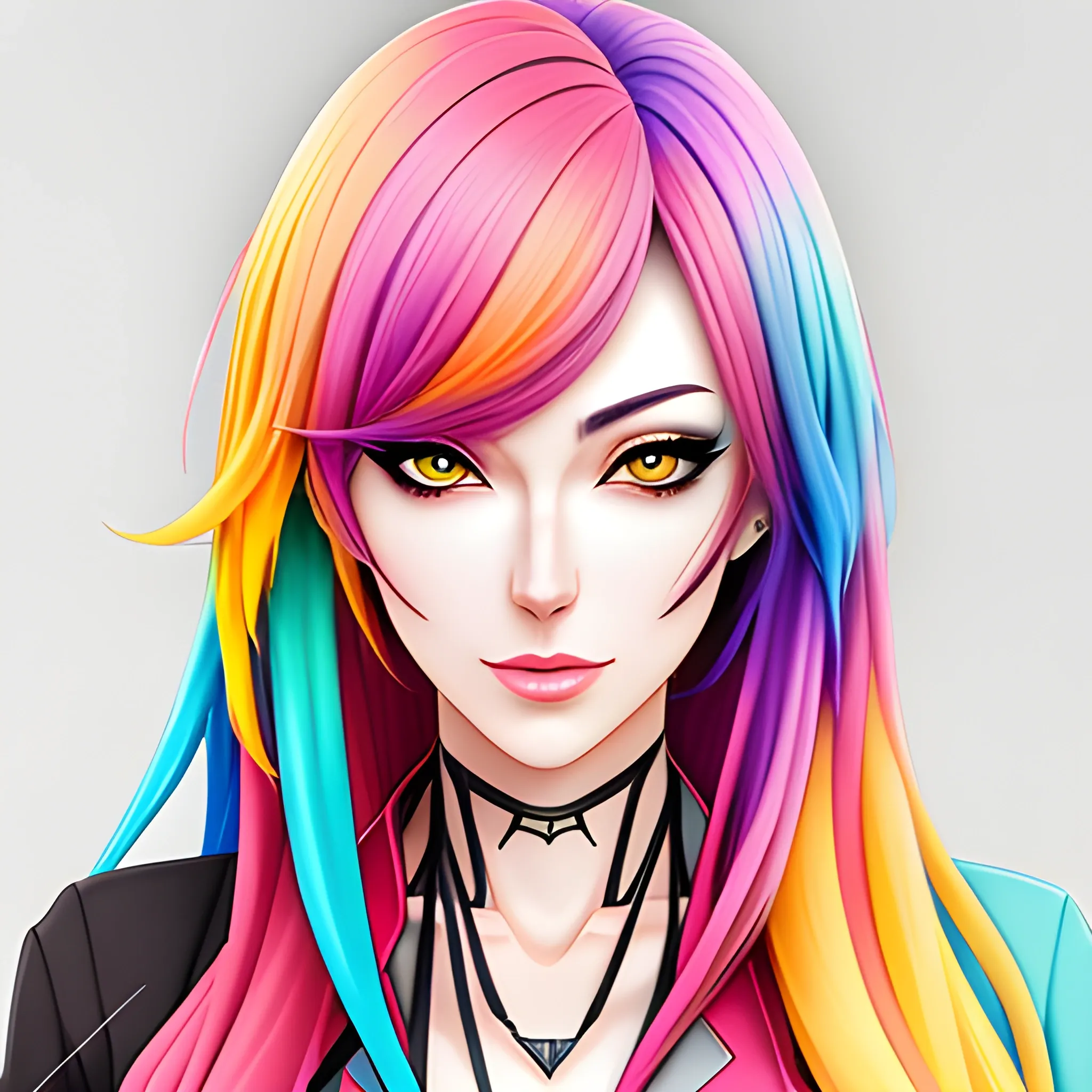 A young girl, colorful anime decoration, hyper-realistic portrait style, headpnones