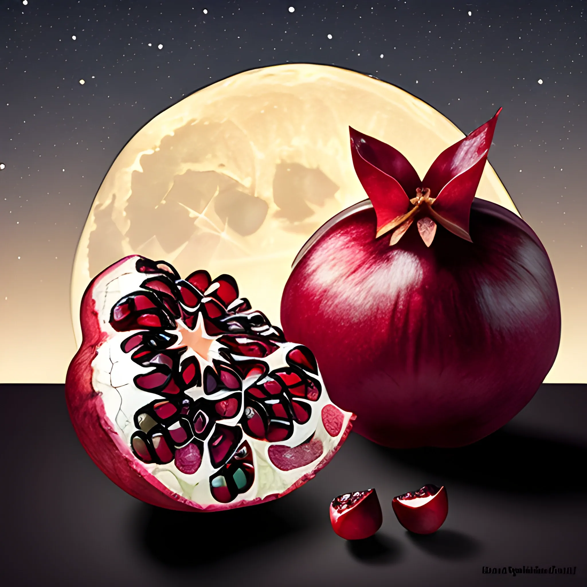 Create an image that shows a pomegranate on a dark night with the moon shining