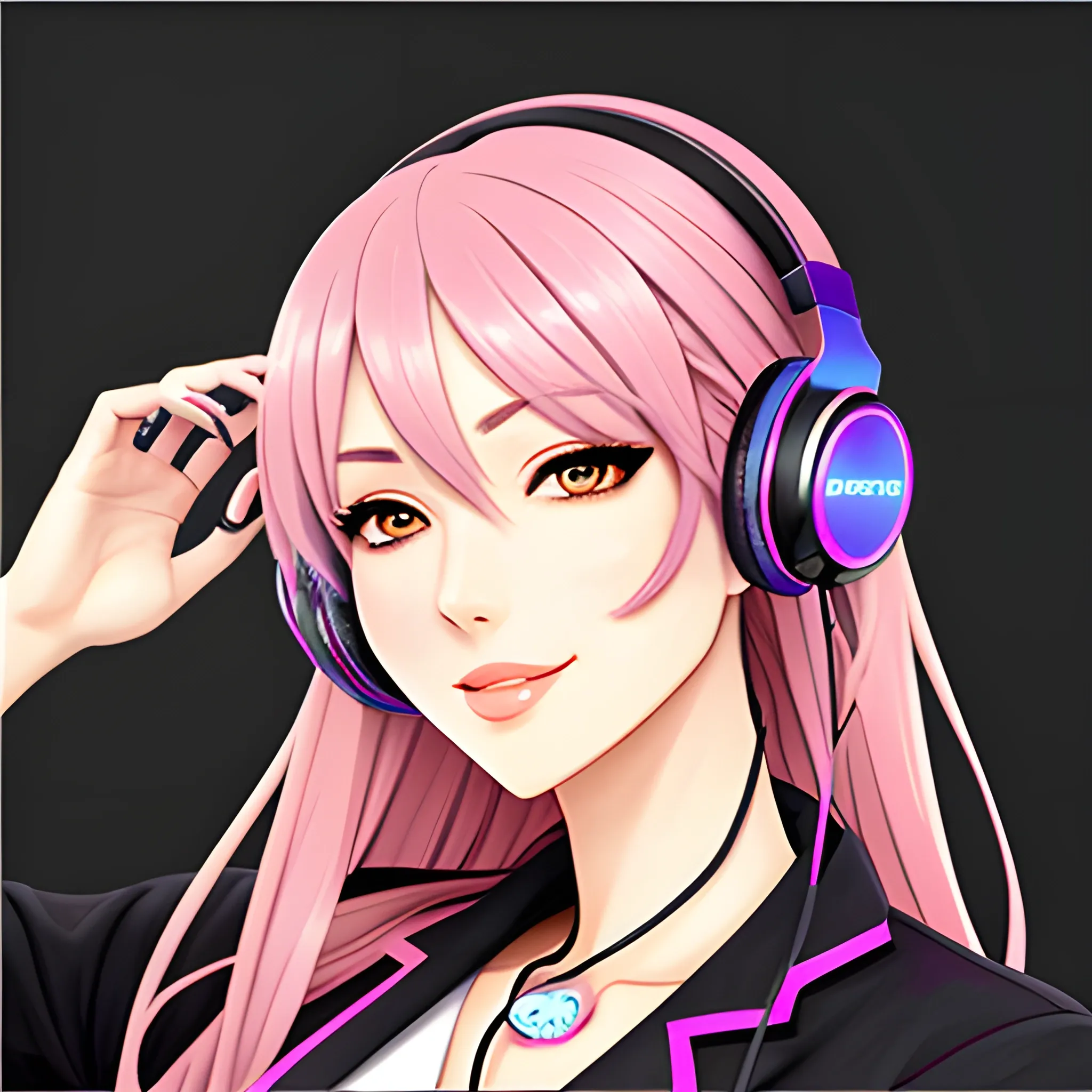 A young girl, colorful anime decoration, hyper-realistic portrait style, headphones