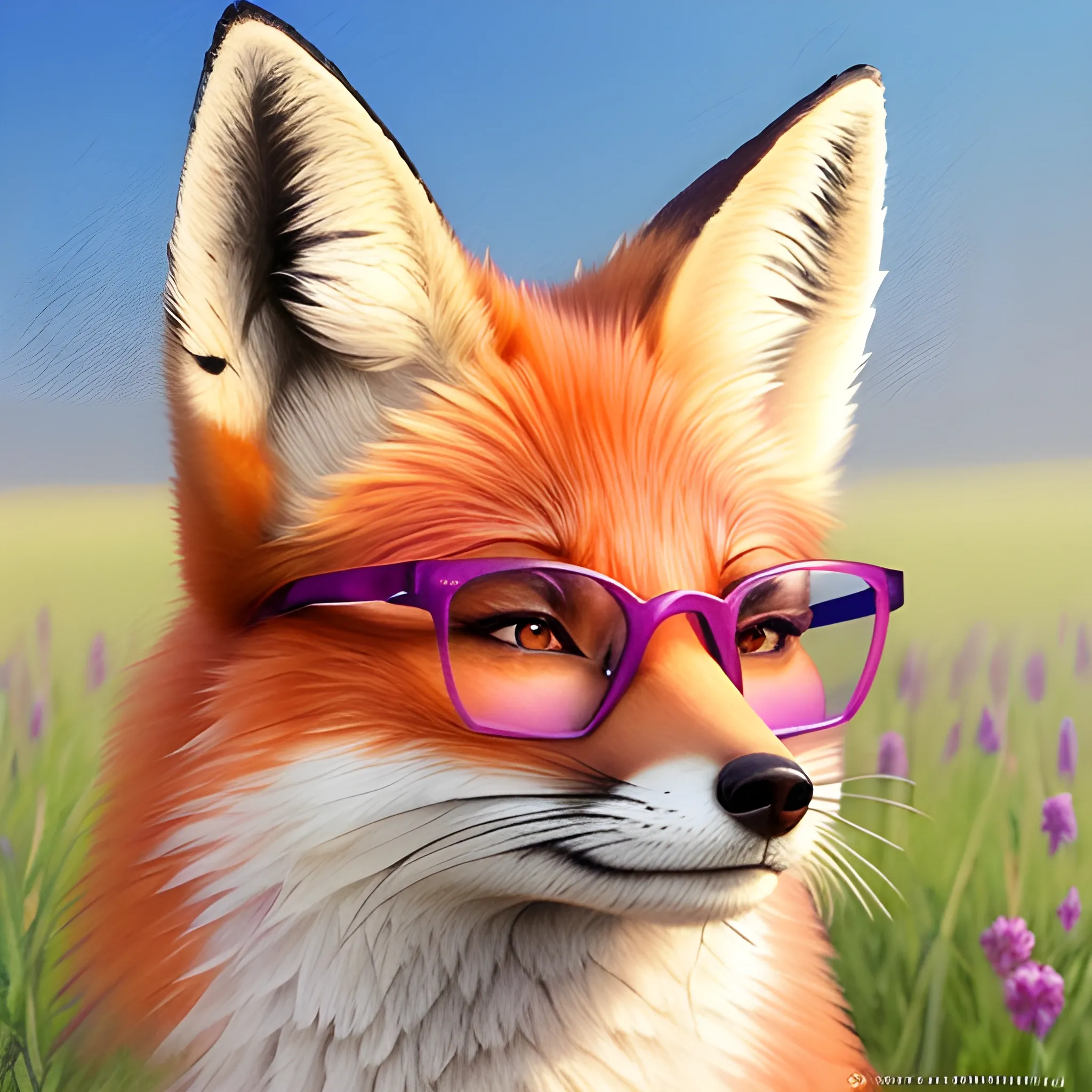 A small smiling fox with pink glasses in a meadow, watercolor, portrait, for kids, by arti chauhan trending on artstation, no background, masterpiece, 3D render