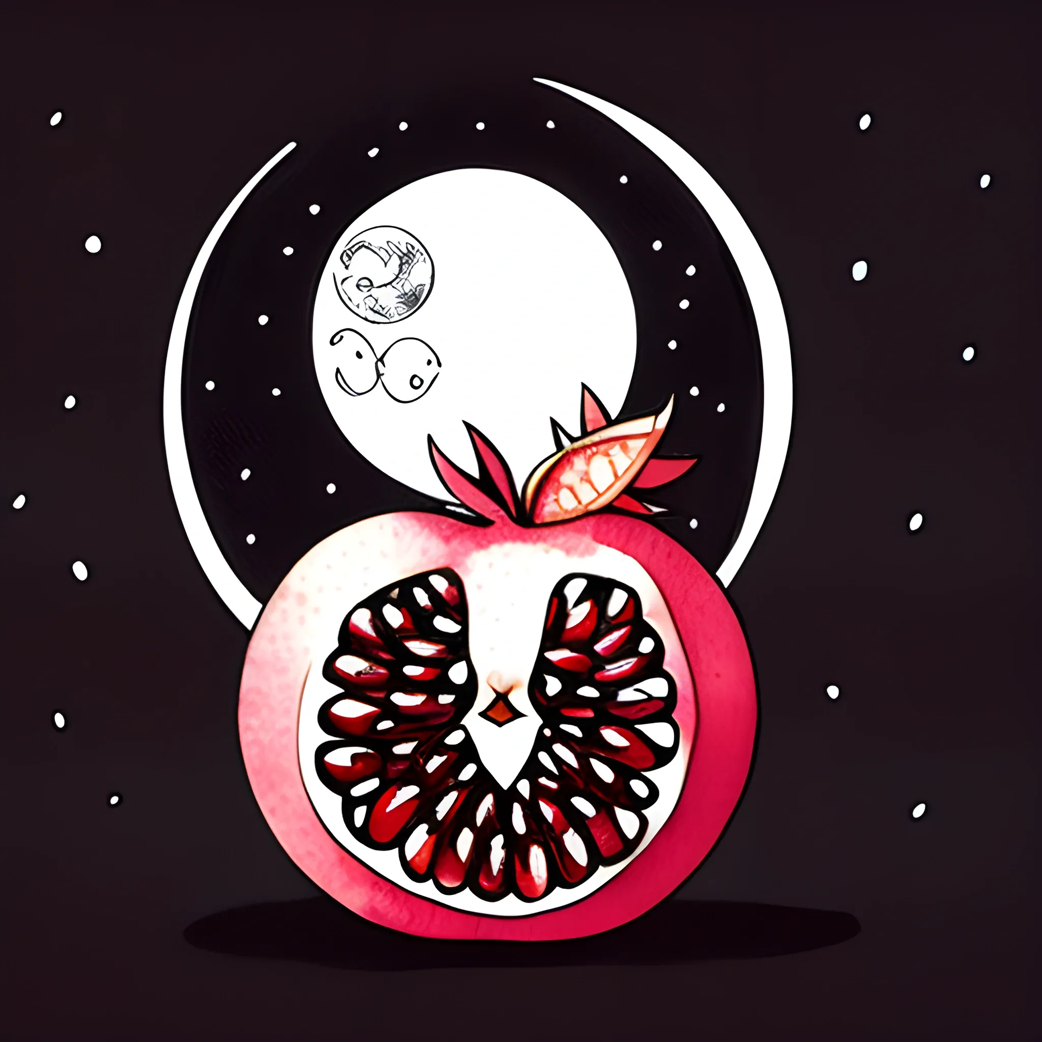 Create an image that shows a pomegranate on a dark night with the moon shining,Doodle art,ink,skething