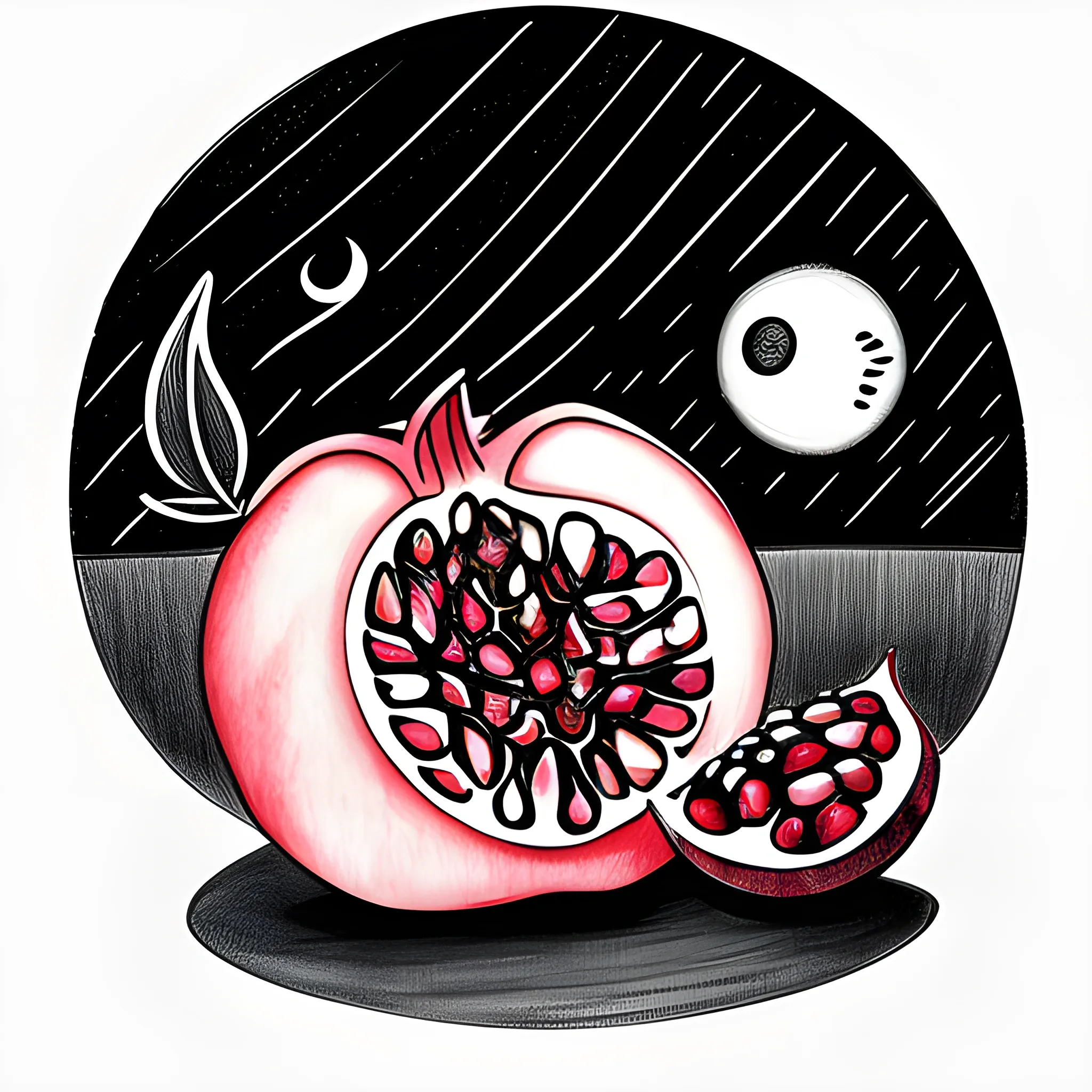 Create an image that shows a pomegranate on a dark night with the moon shining,Doodle art,ink,sketching, Cartoon