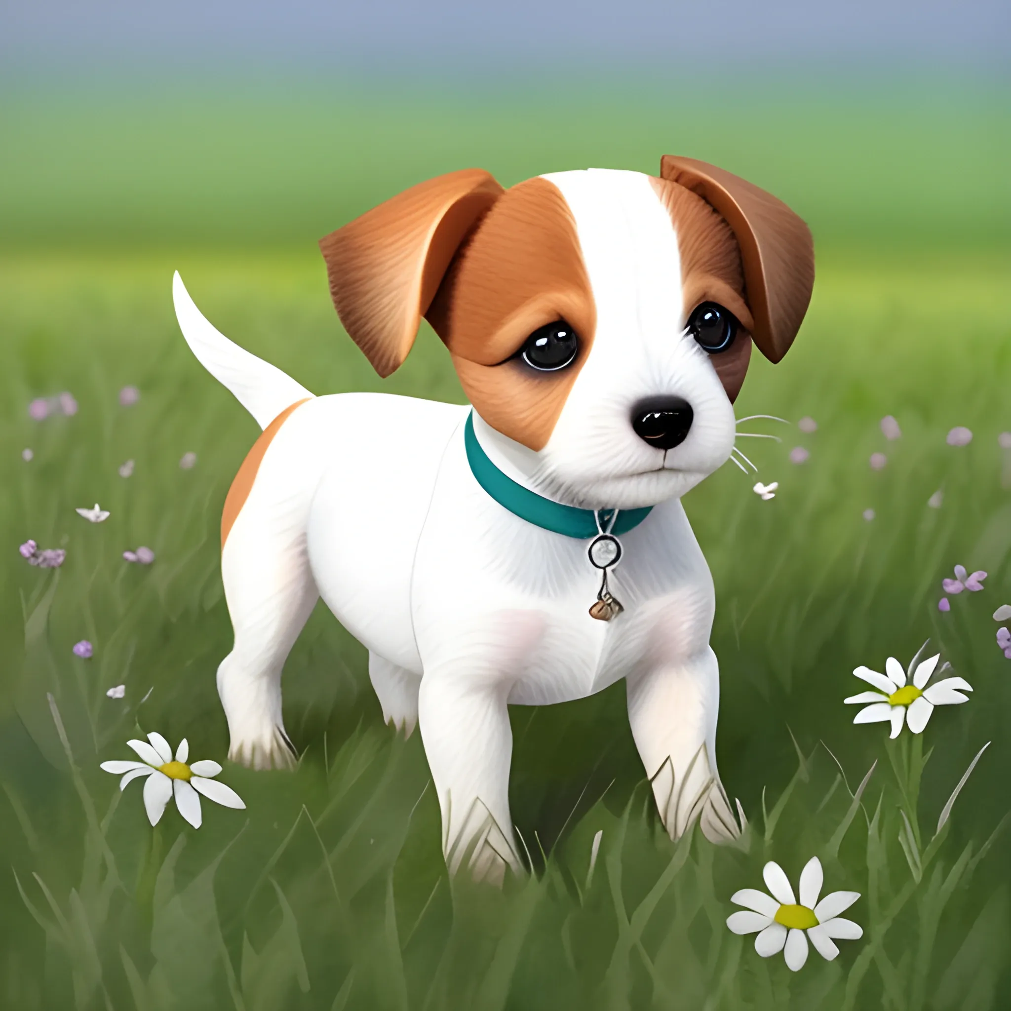 A tricolore pincher/jack russel puppy in a meadow, watercolor, portrait, for kids, by arti chauhan trending on artstation, no background, masterpiece, 3D render