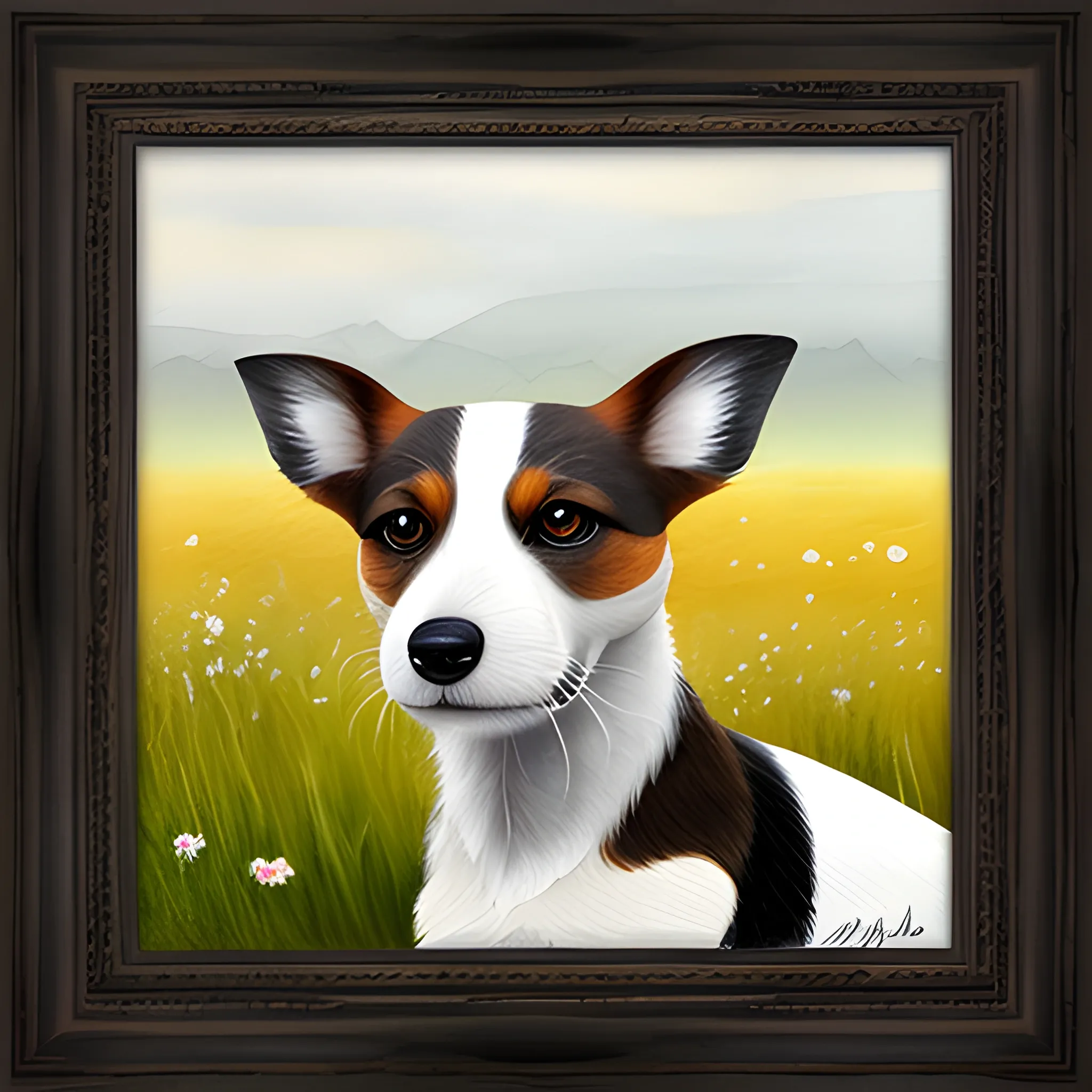 A black, brown, white tricolore pincher/jack russel in a meadow, watercolor, portrait, for kids, by arti chauhan trending on artstation, no background, masterpiece, 3D render