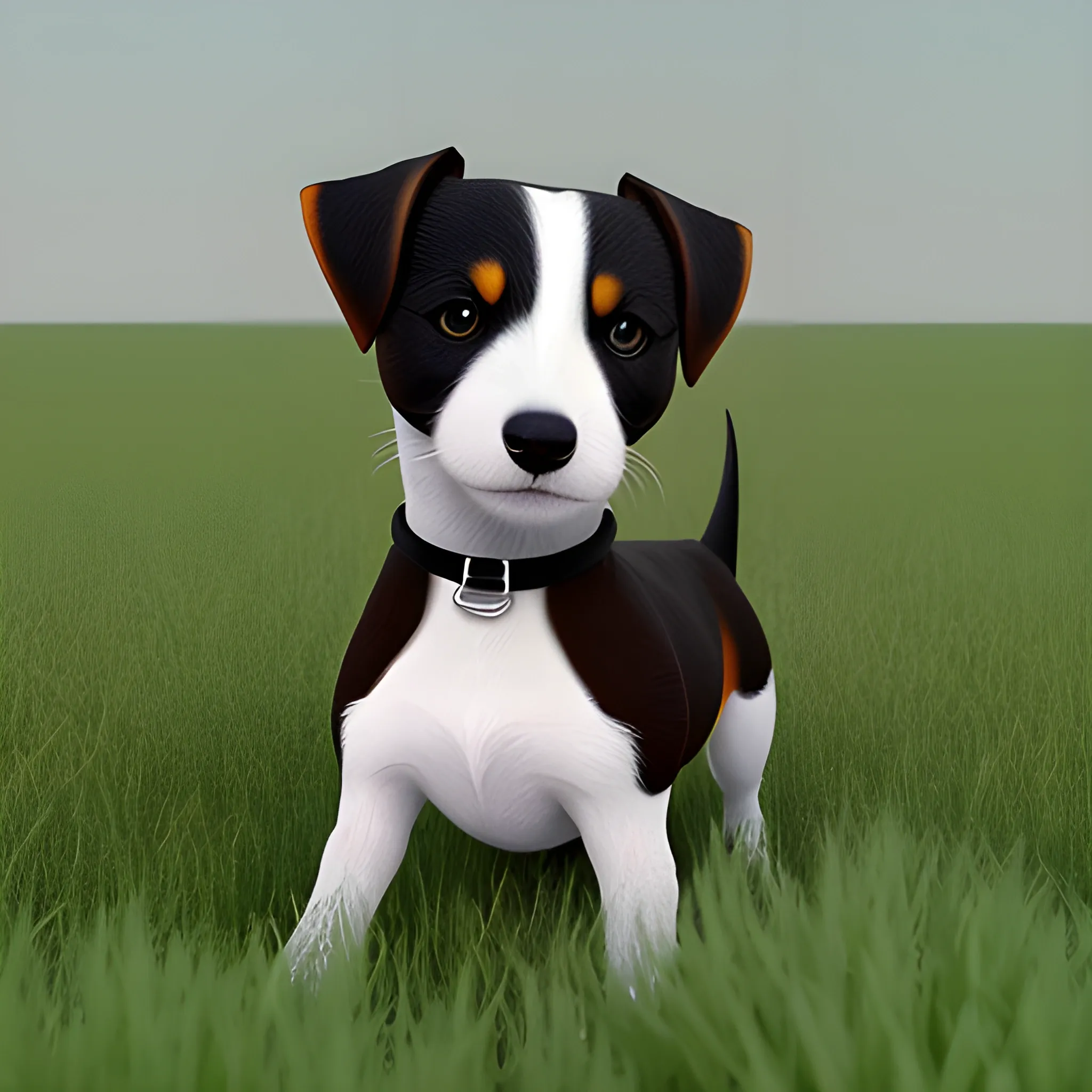 A black, brown, white tricolore pincher jack russel in a meadow, main color is black, portrait, for kids, by arti chauhan trending on artstation, no background, masterpiece, 3D render