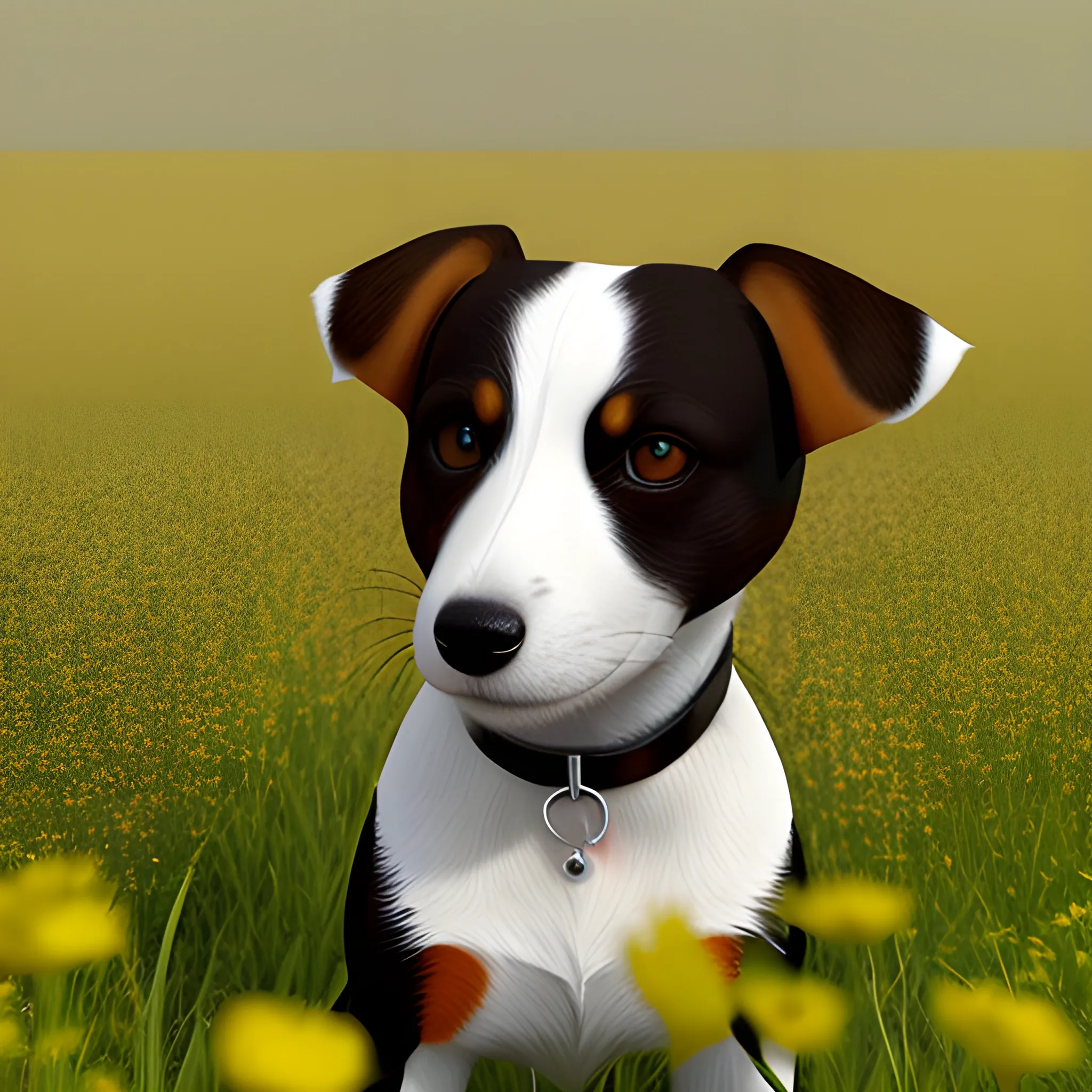 A black, brown, white tricolore pincher jack russel in a meadow, main color is black, forehead black, portrait, for kids, by arti chauhan trending on artstation, no background, masterpiece, 3D render