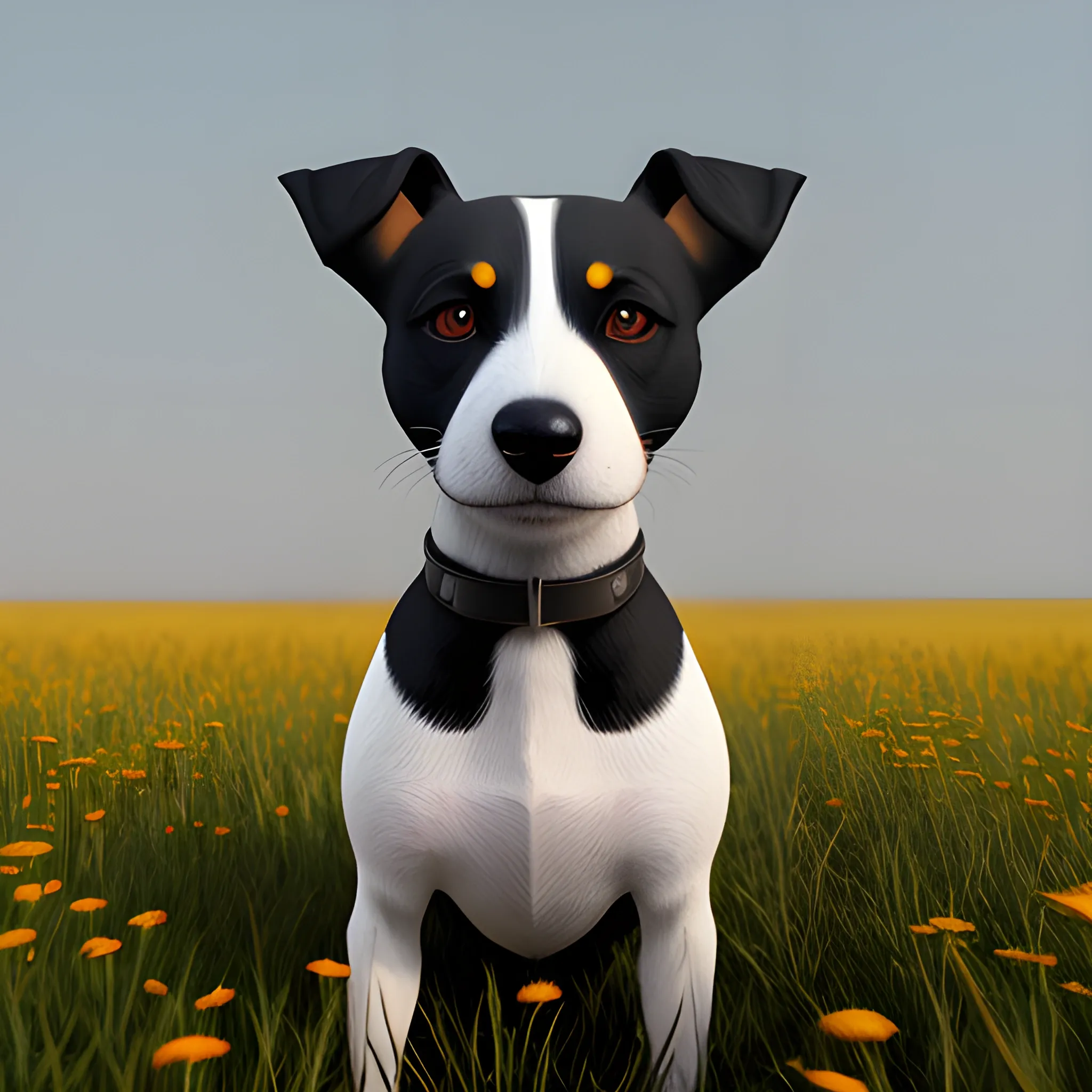 A black pincher jack russel in a meadow, main color is black, forehead black, portrait, for kids, by arti chauhan trending on artstation, no background, masterpiece, 3D render