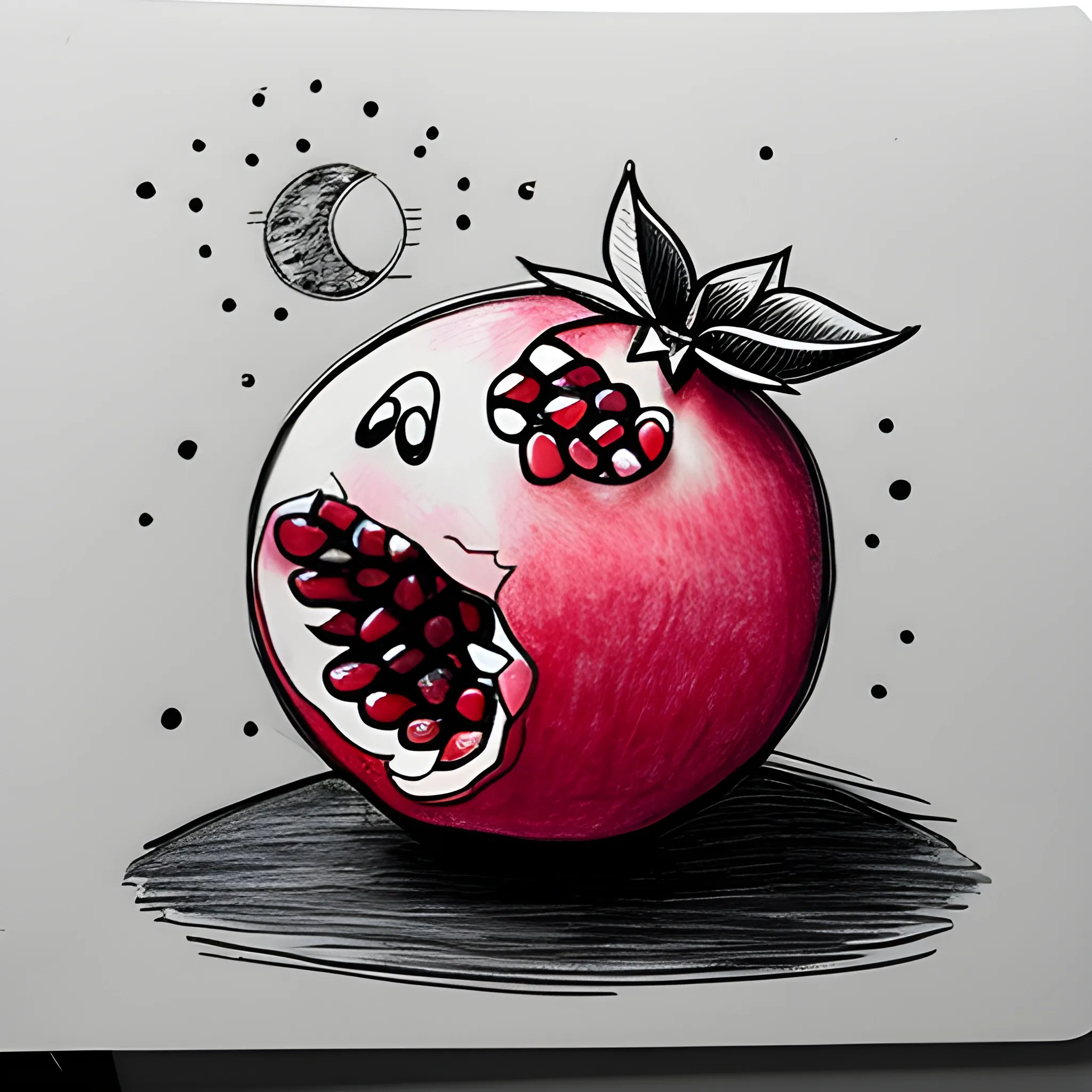 Create an image that shows a pomegranate on a dark night with the moon shining,Doodle art,ink,sketching, Cartoon, Cartoon, Cartoon, 3D, Pencil Sketch