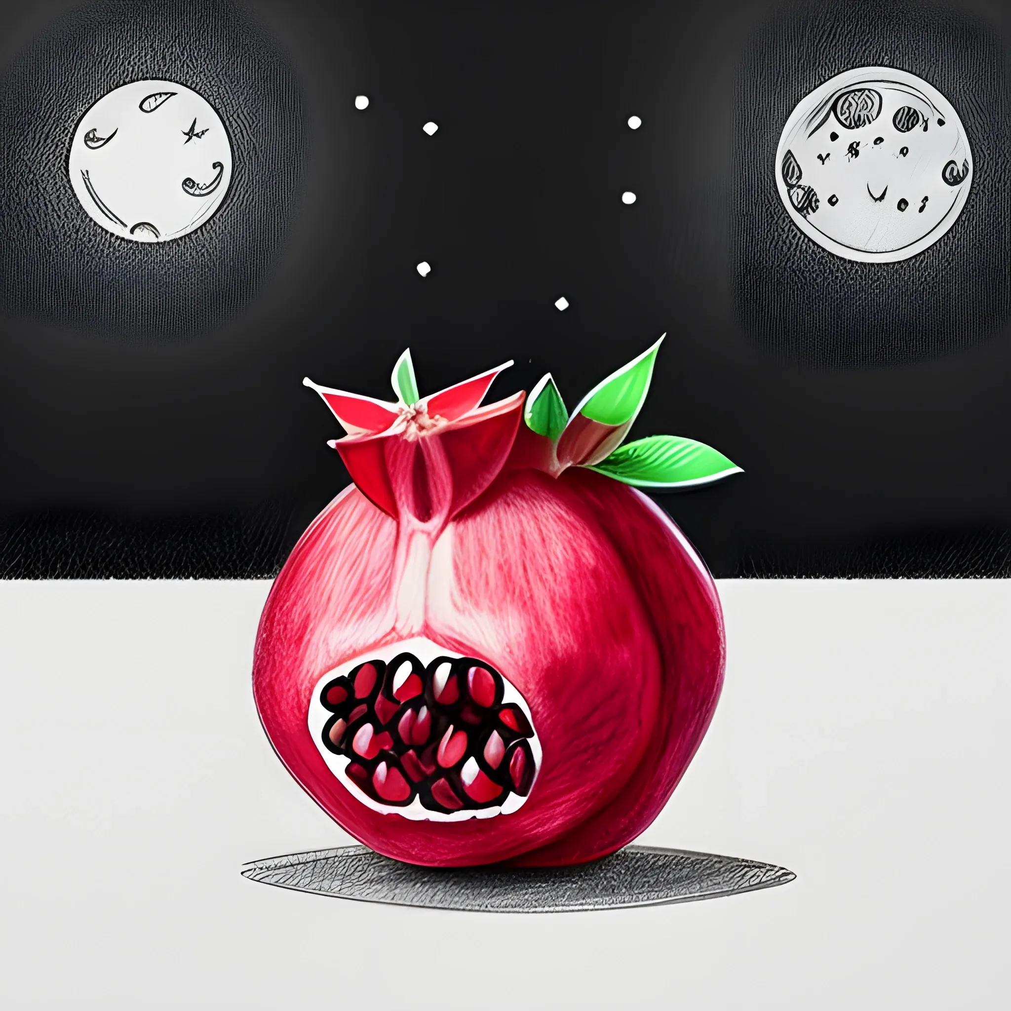 Create an image that shows a pomegranate on a dark night with the moon shining,Doodle art, Pencil Sketch, Cartoon