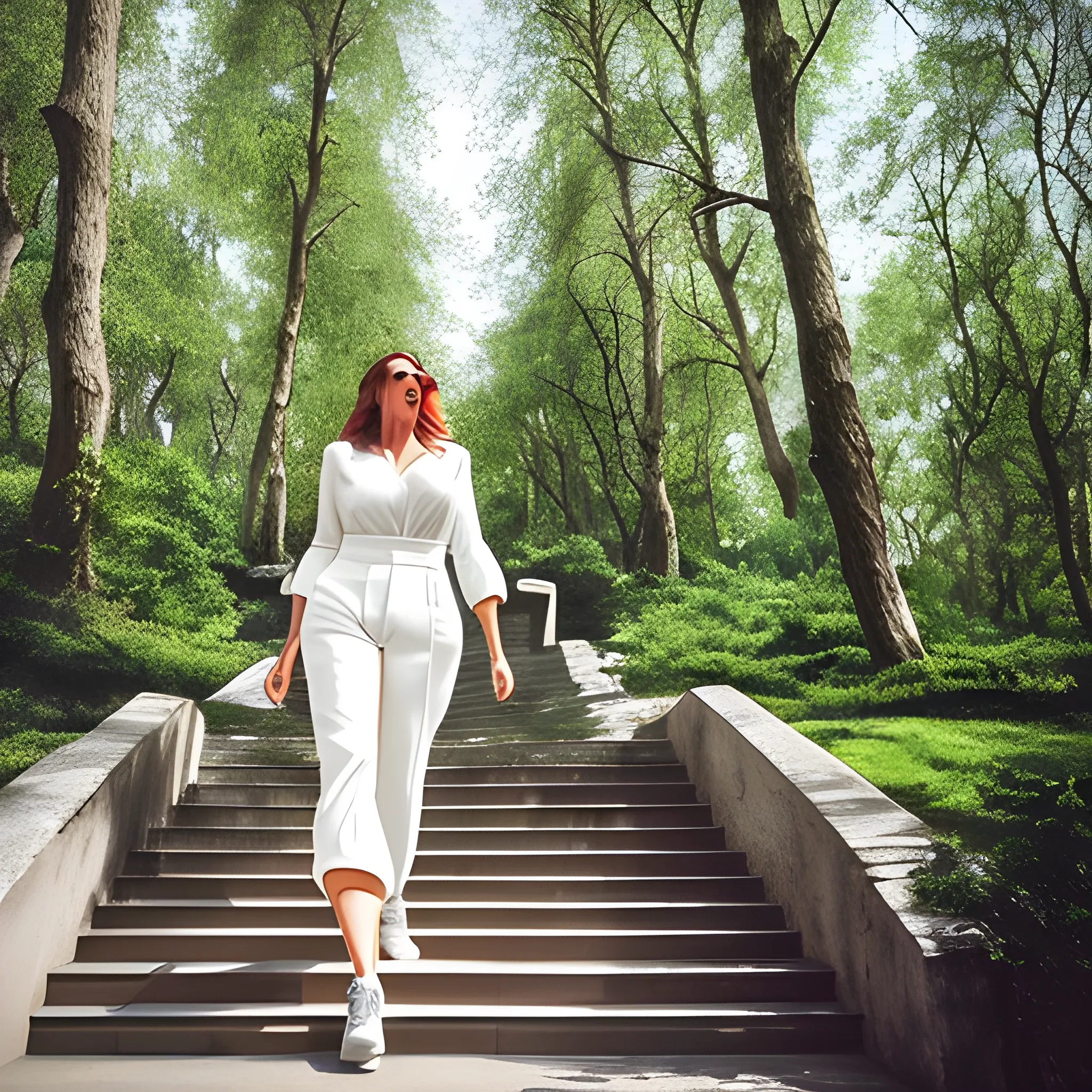 a woman walking up some steps in a park, a picture, inspired by Luis Paret y Alcazar, instagram, wearing elegant casual clothes, in the middle of a forest, plain white tshirt, female lead character, jumpsuit, happy girl, casual clothes, cream colored peasant shirt, uncropped, influencer