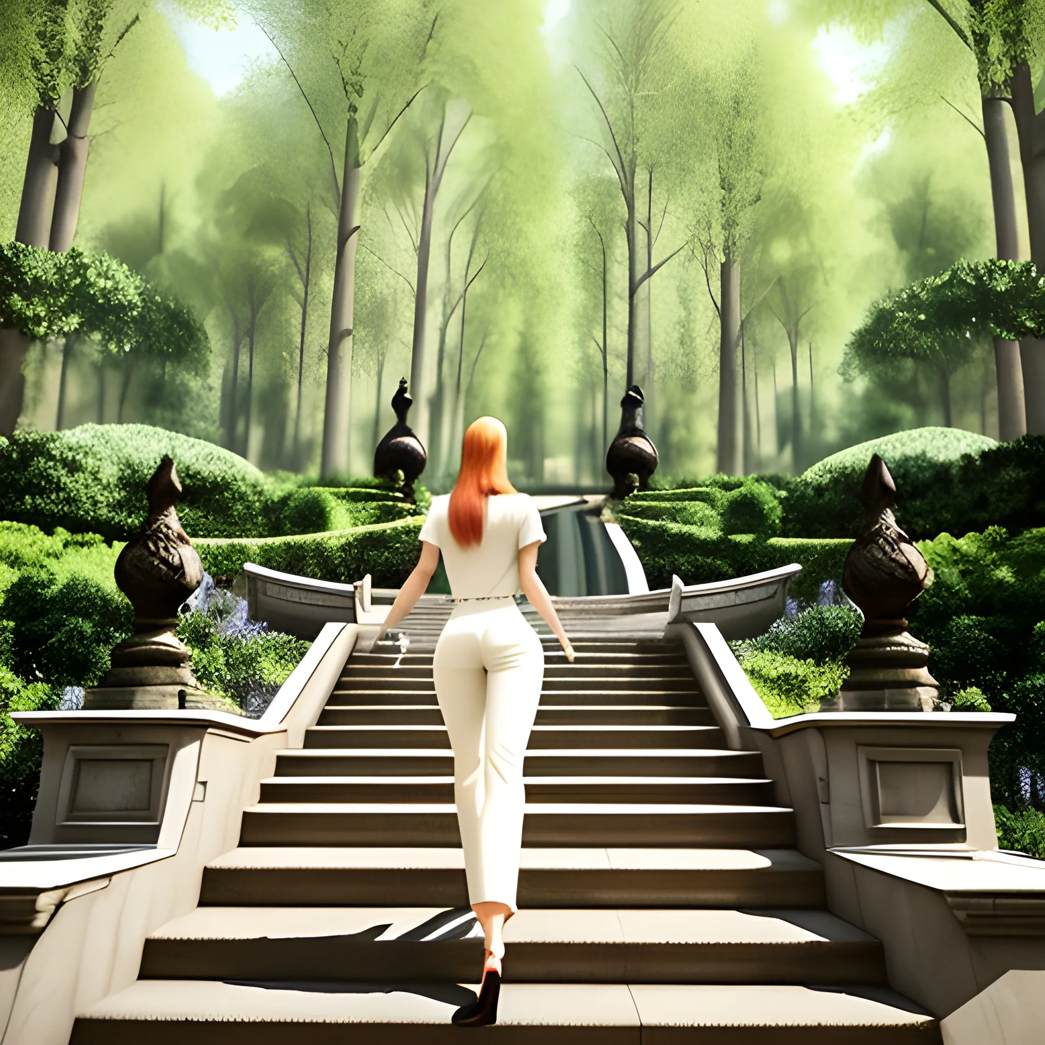 a woman walking up some steps in a park, a picture, inspired by Luis Paret y Alcazar, instagram, wearing elegant casual clothes, in the middle of a forest, plain white tshirt, female lead character, jumpsuit, happy girl, casual clothes, cream colored peasant shirt, uncropped, influencer, 3D