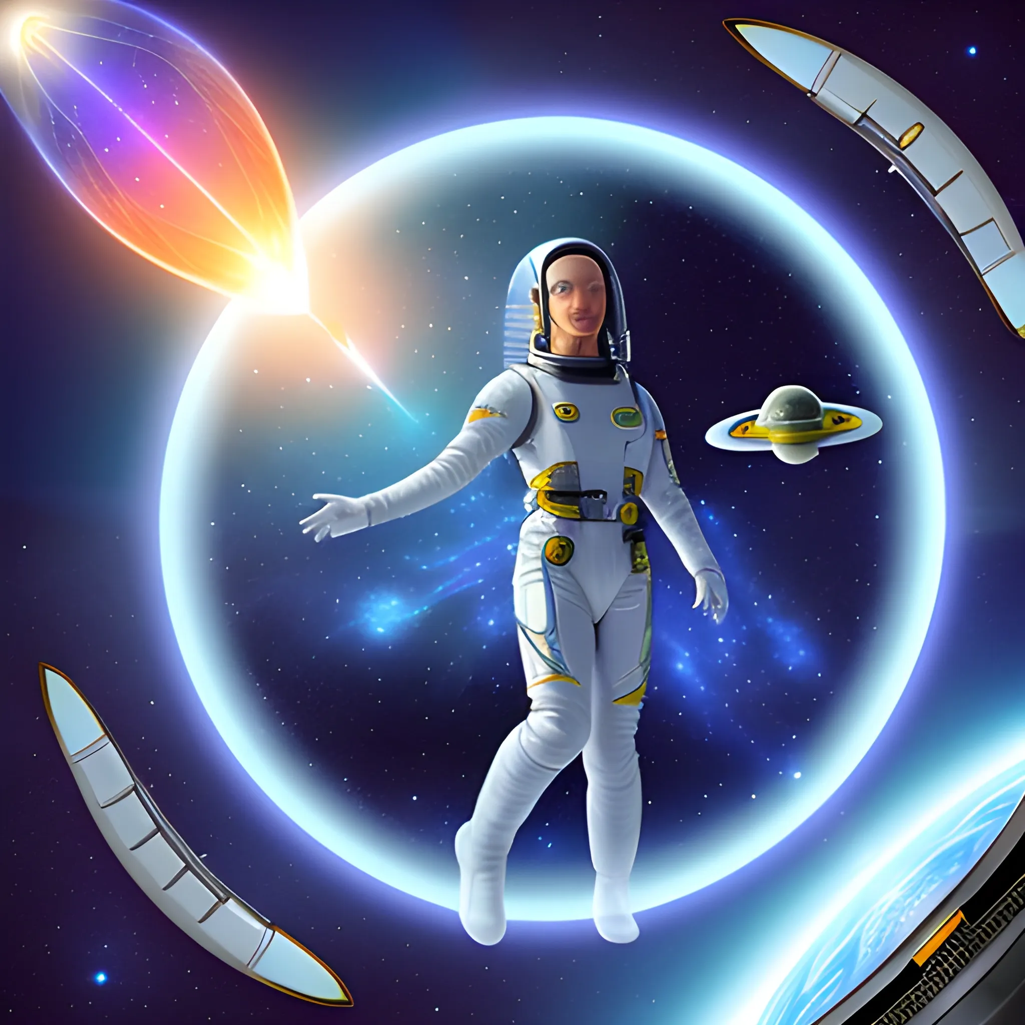 pleiadian space explorer on a starship  in orbit to alien planet
 