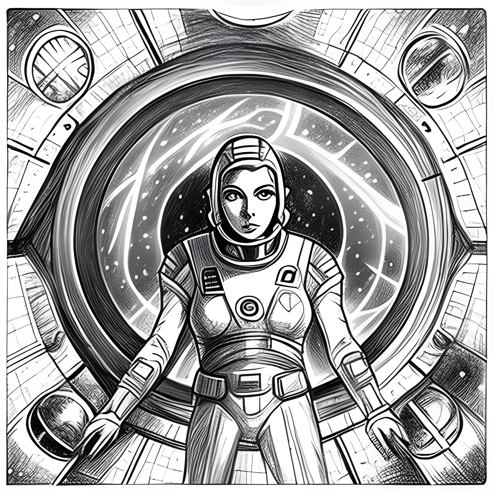 pleiadian space explorer on a starship  in orbit to alien planet
 , Pencil Sketch