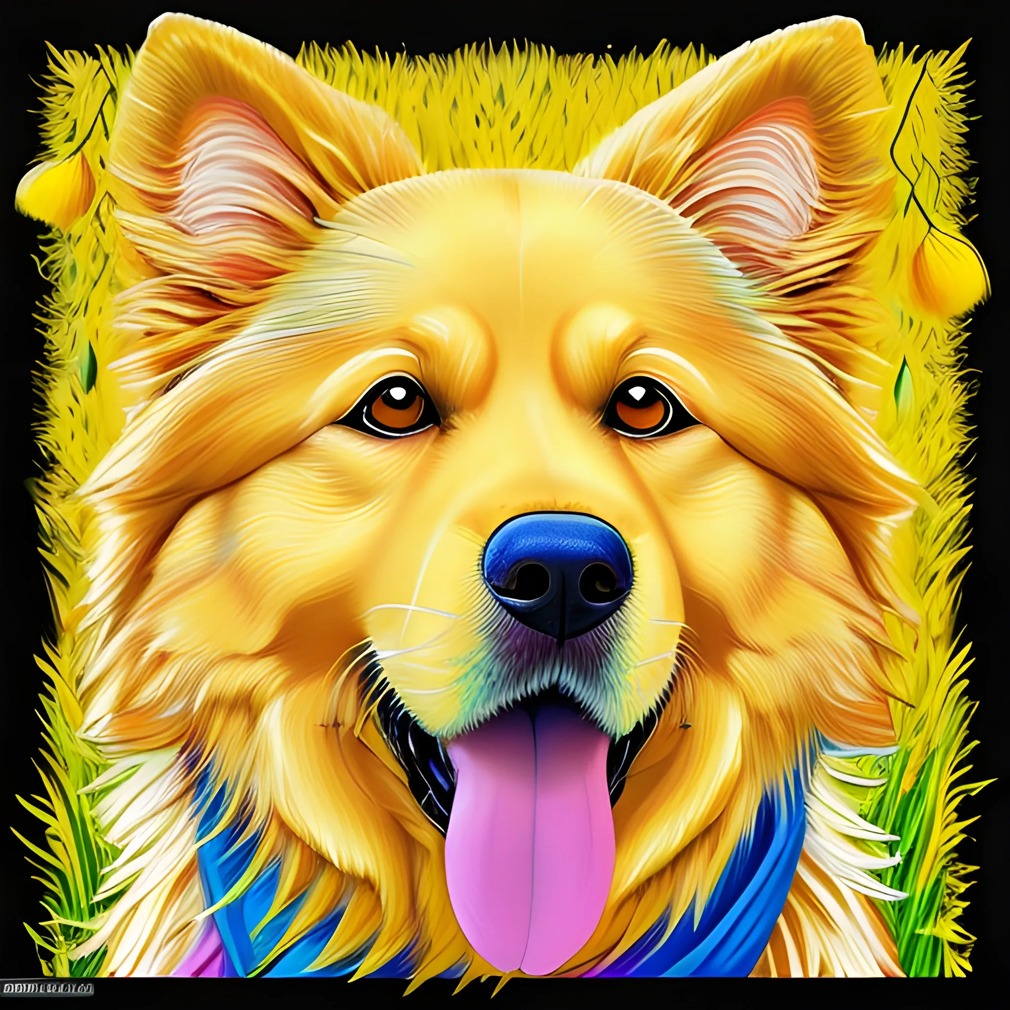 yellow fur dog, golden retriever，masterpiece high quality high resolution ultra detailed ultra beautiful colorful pattern lovely one animal picasso-style,no body,no people，grass，lawn，forest