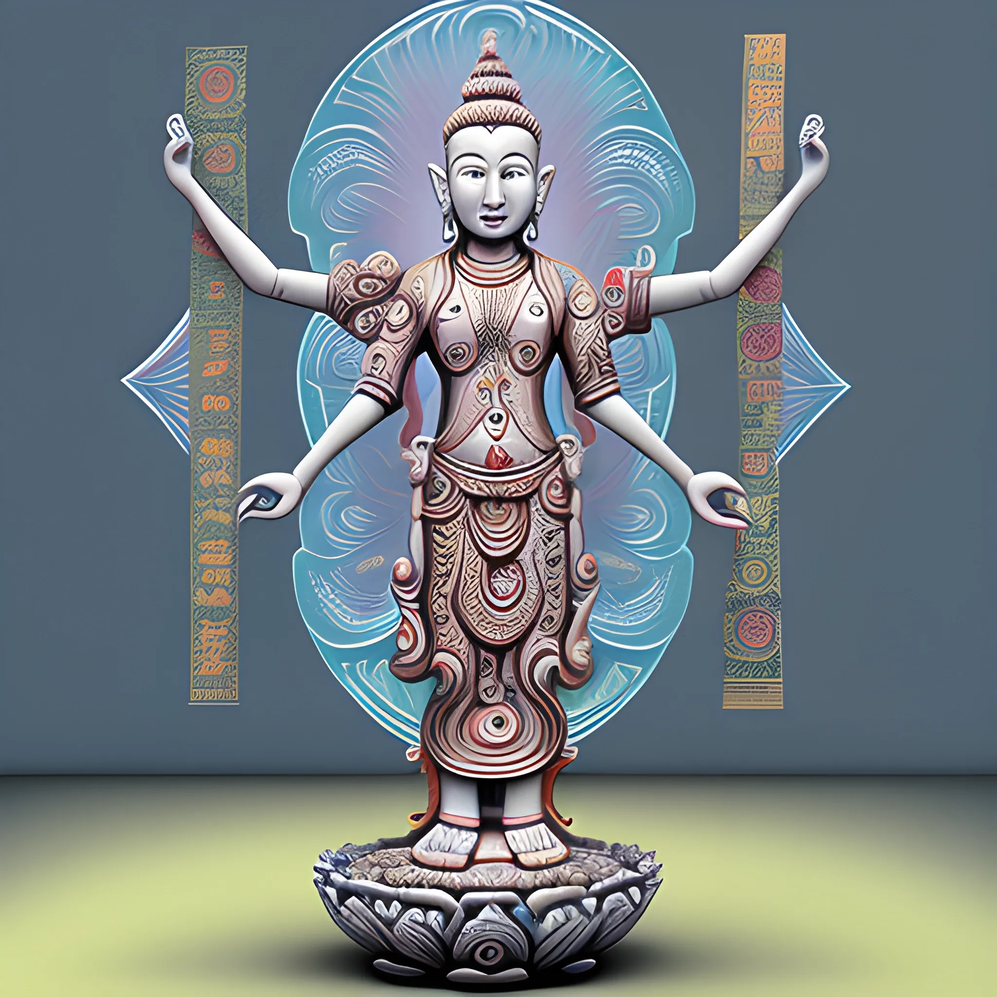 Eleven-faced Avalokitesvara, full body, standing, posing, Pencil Sketch, 3D, Trippy, Cartoon, Cartoon, Oil Painting