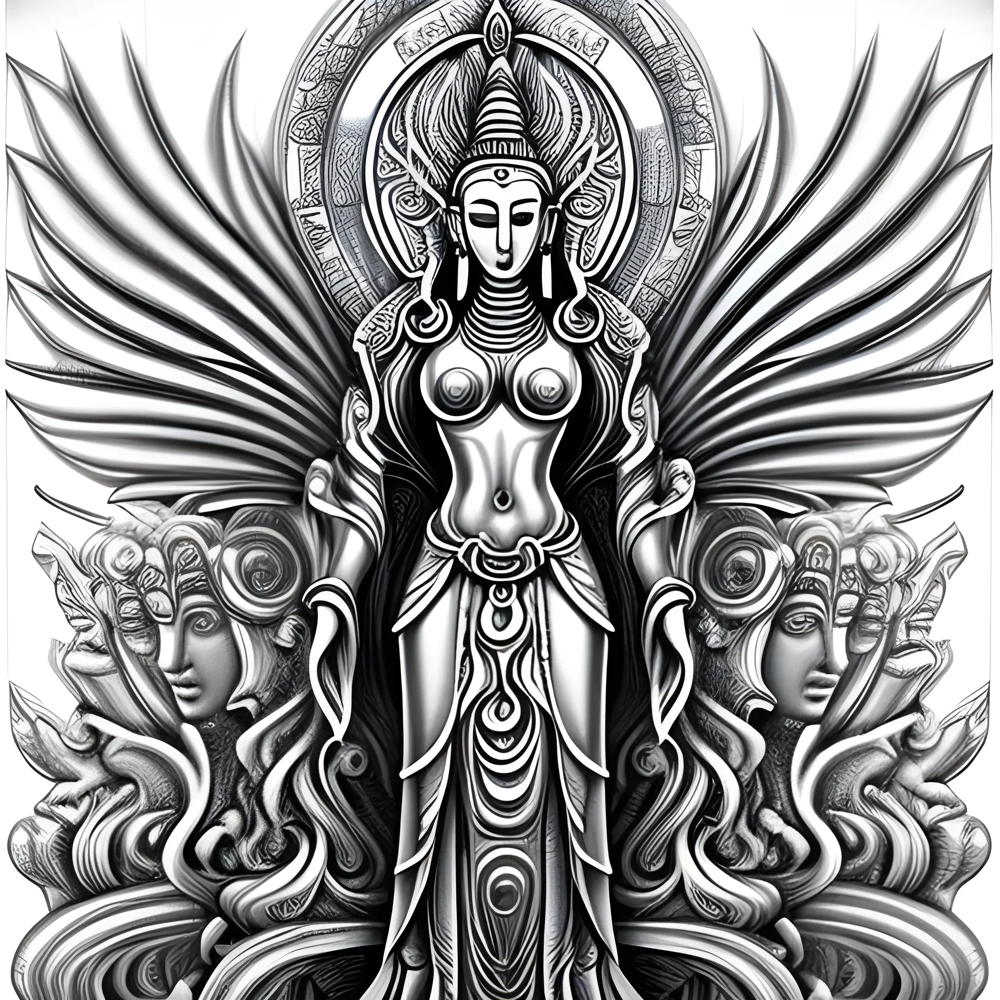 Overall view, 11-faced Avalokitesvara, full body, standing, posing, small head, Trippy, Pencil Sketch