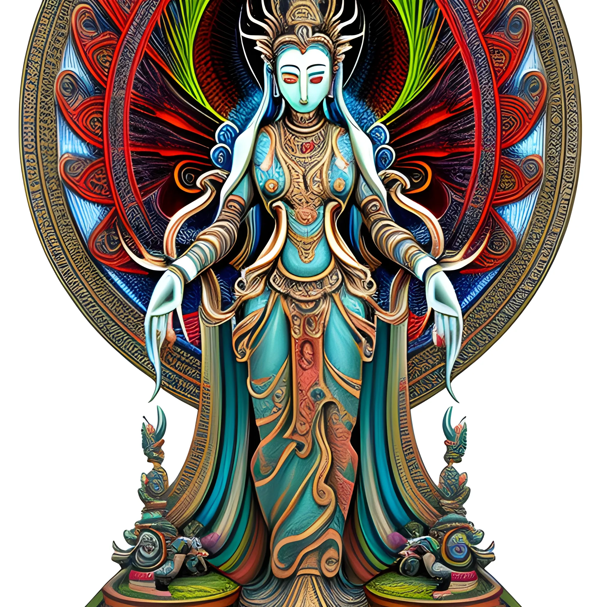 Overall view, 11-faced Avalokitesvara, full body, standing, posing, small head, Trippy, Pencil Sketch