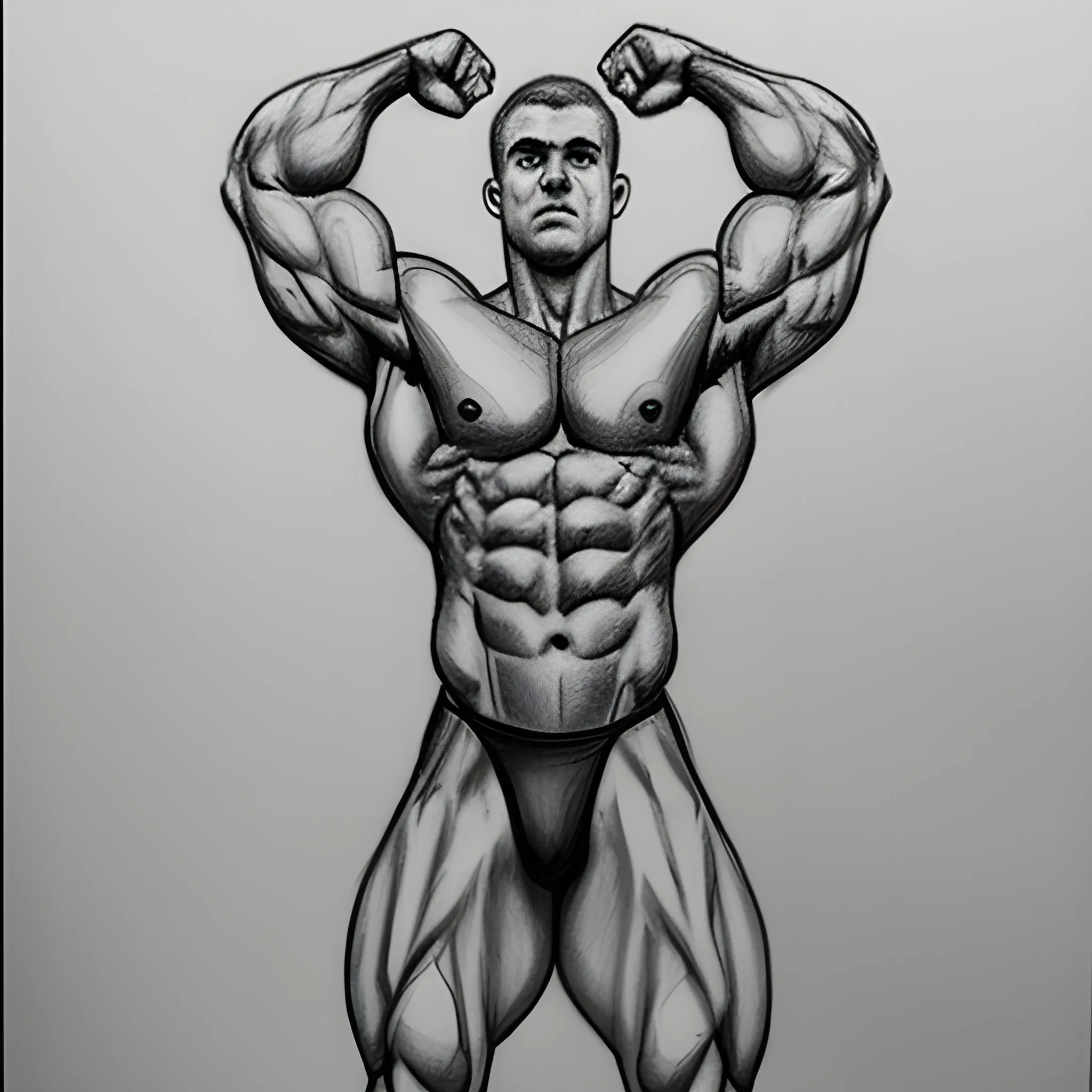 Bodybuilder posing with left arm behind head, right leg forward, flexing leg muscles, Pencil Sketch