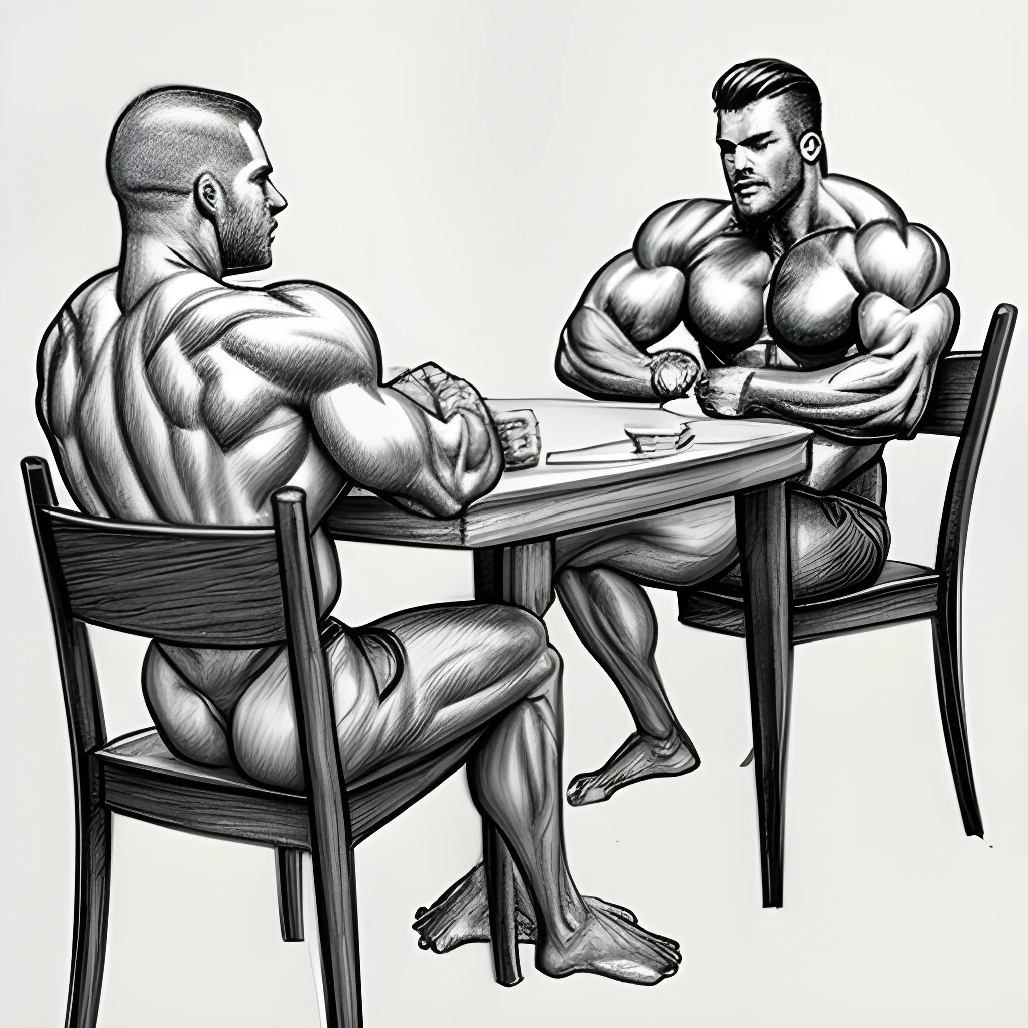 Bodybuilders sitting backwards on a dinning chair, Pencil Sketch