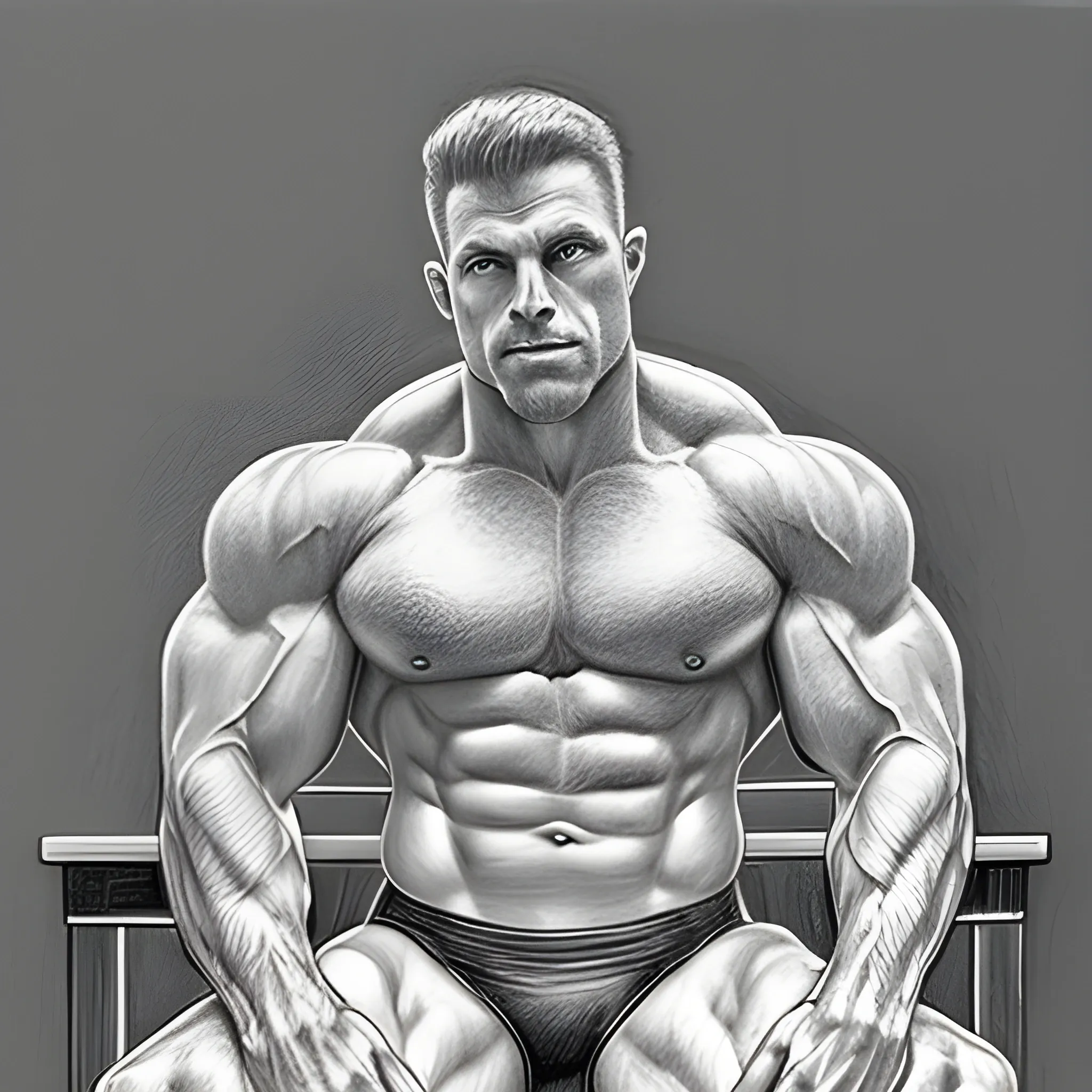 Bodybuilder sitting backwards on a dinning chair looking down, Pencil Sketch