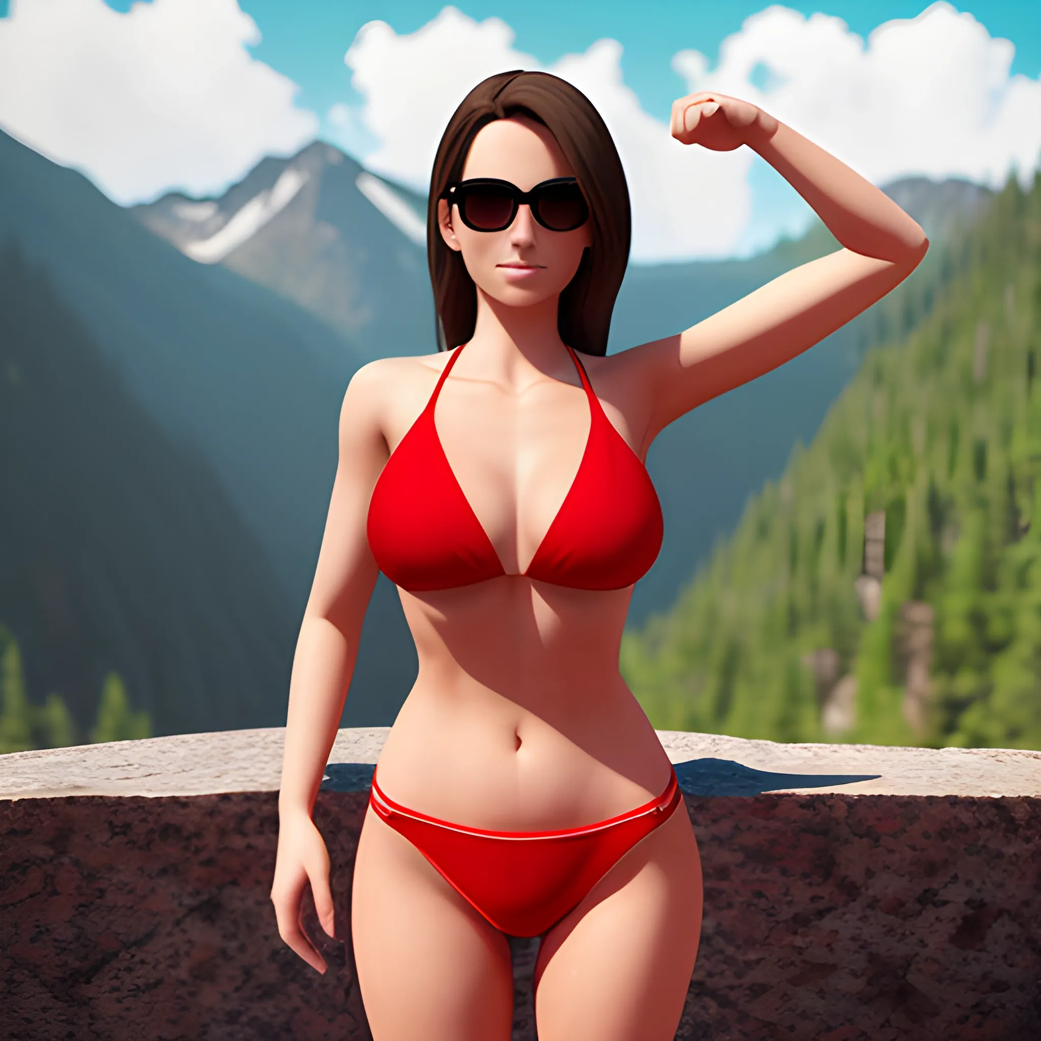 woman in red bikini at the mountains, 3D