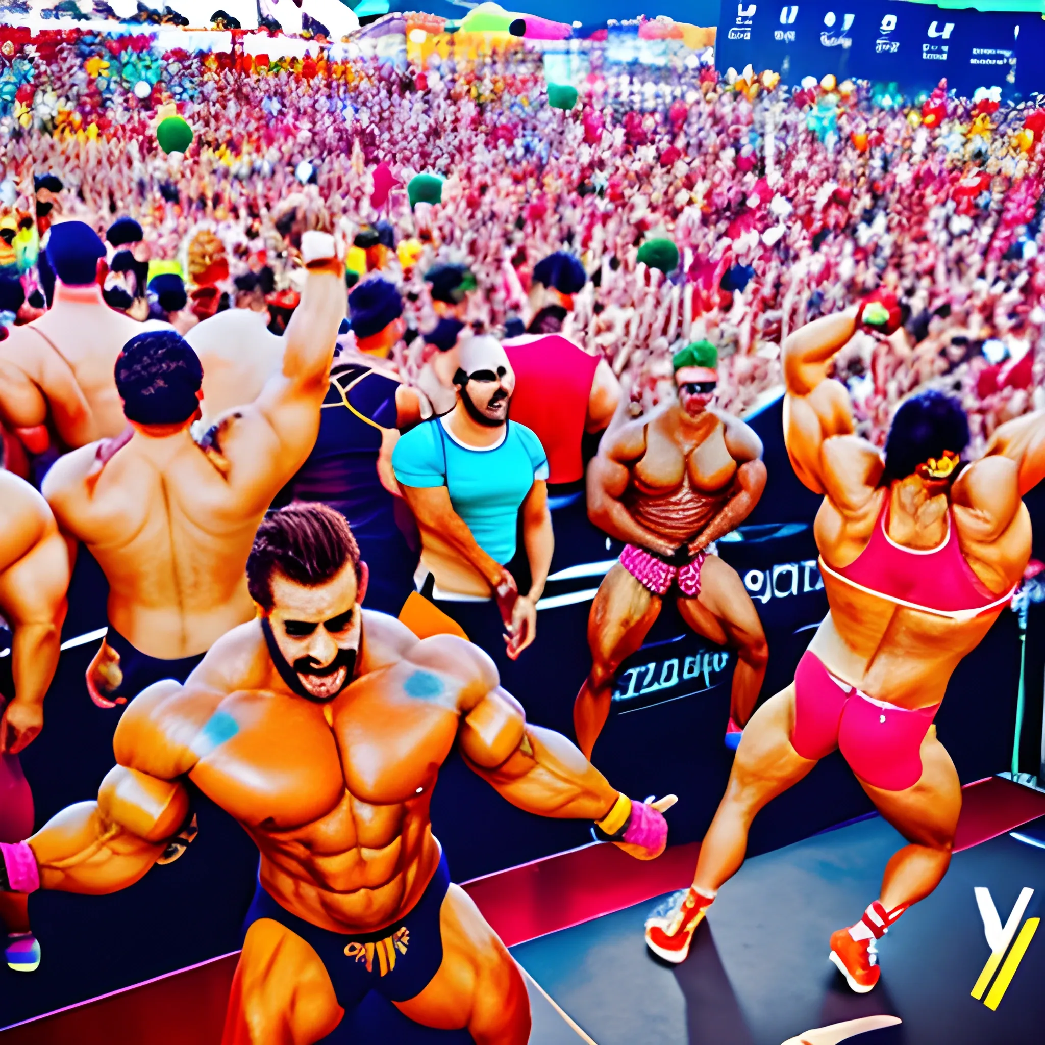 Bodybuilders dancing at a Circuit festival in Sitges, Trippy