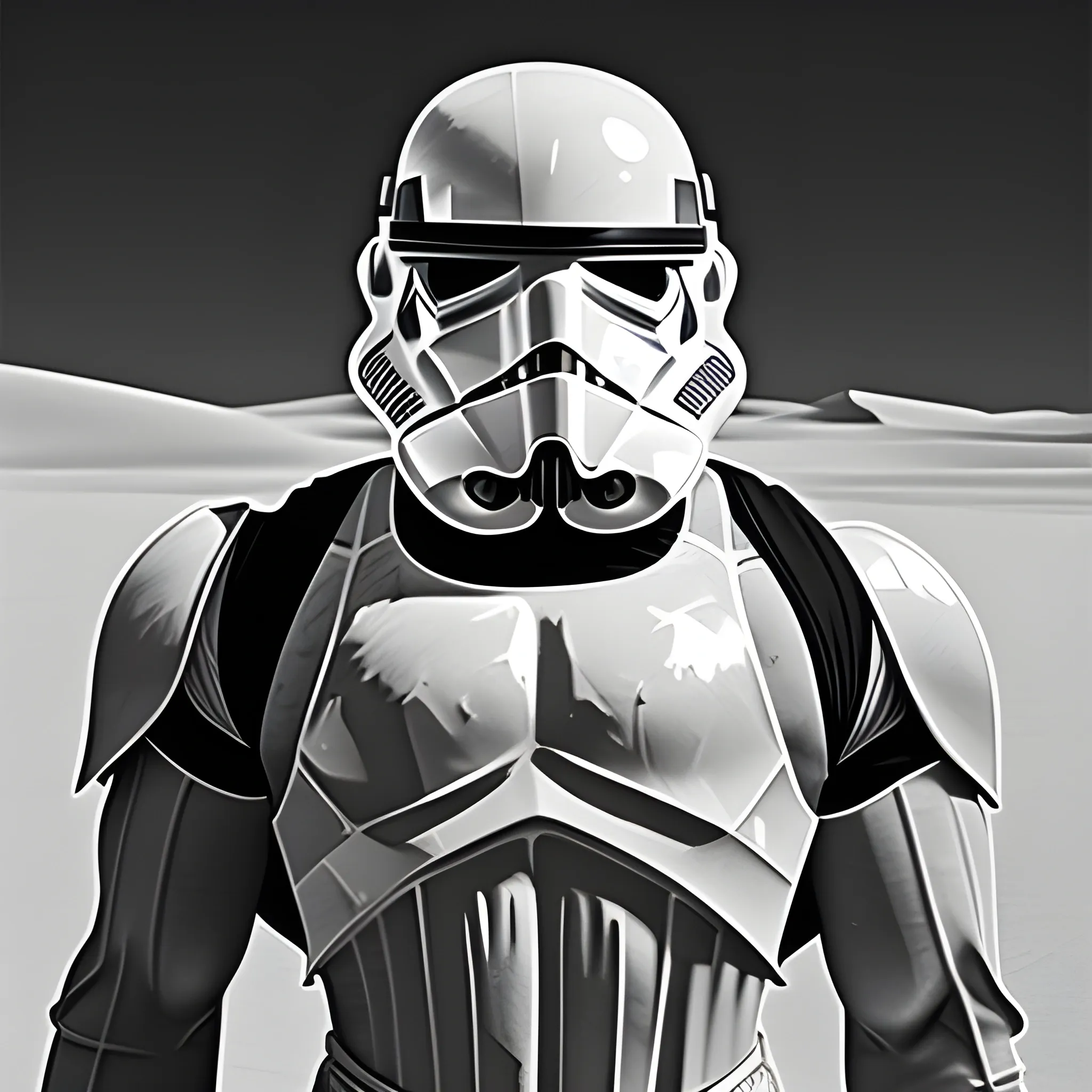 Bodybuilder with a Star Wars Star Trooper mask in a desert, Pencil Sketch