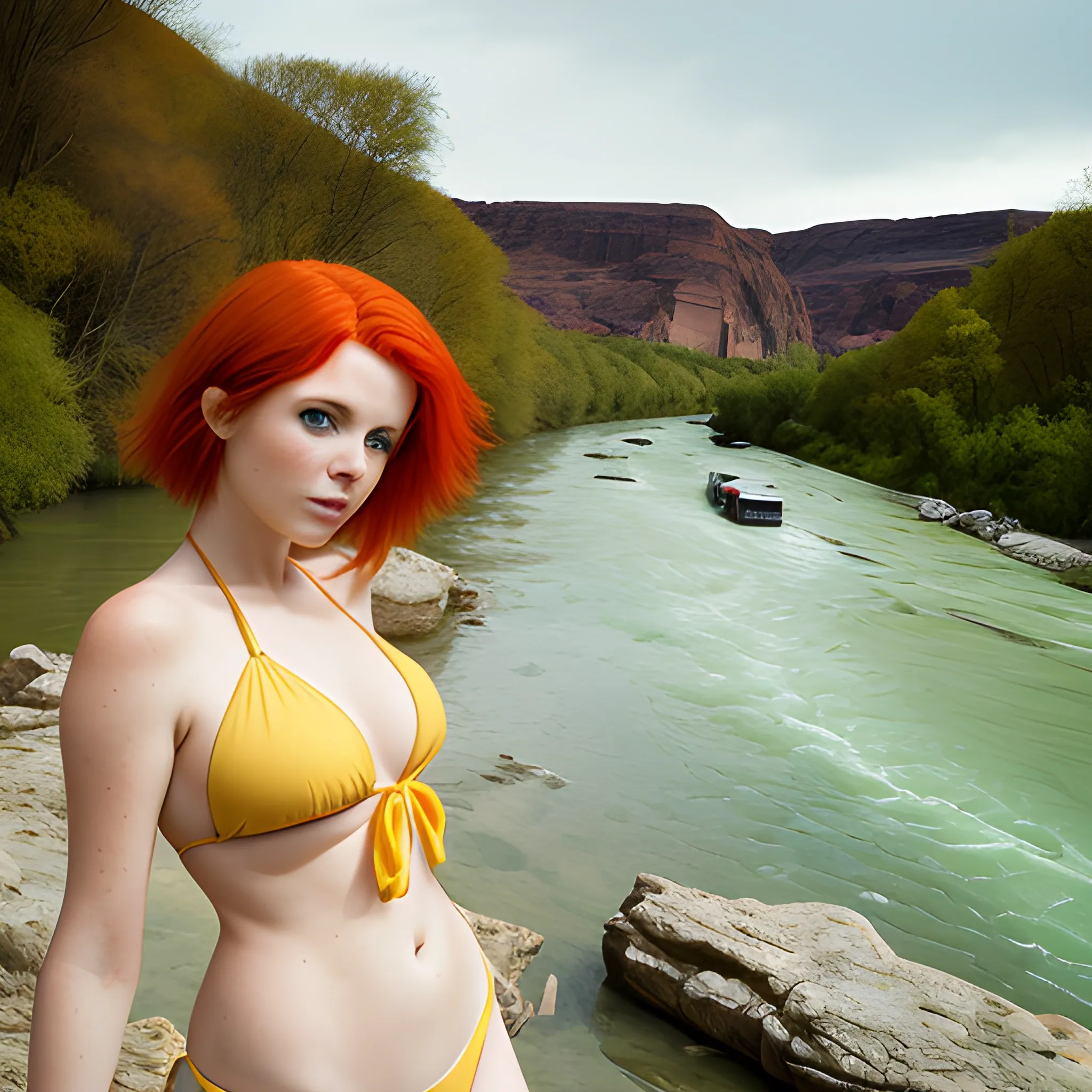 woman with red hair in a yellow bikini along a green river, photography