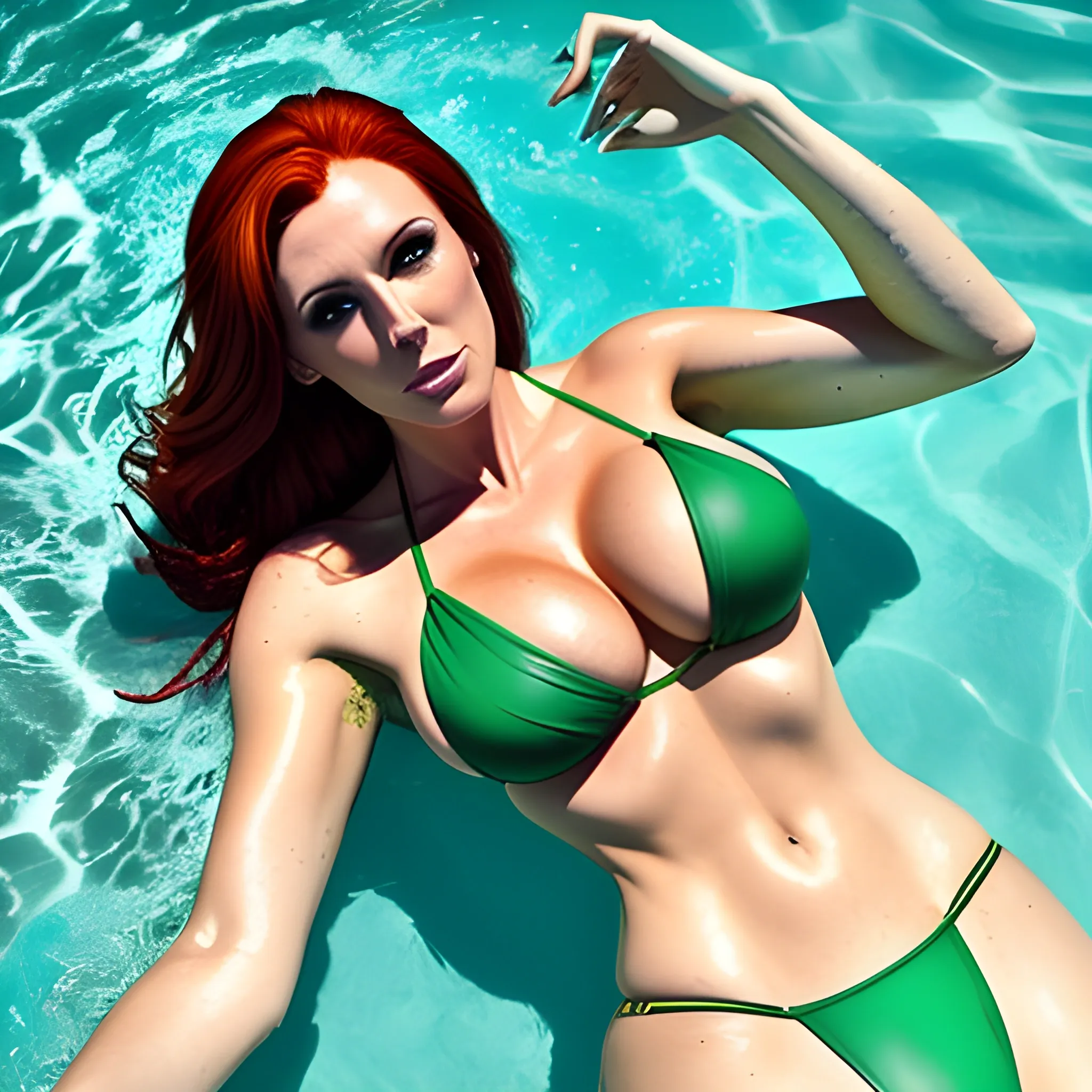 woman with brown red hair in a small green bikini along a mercury river, photography