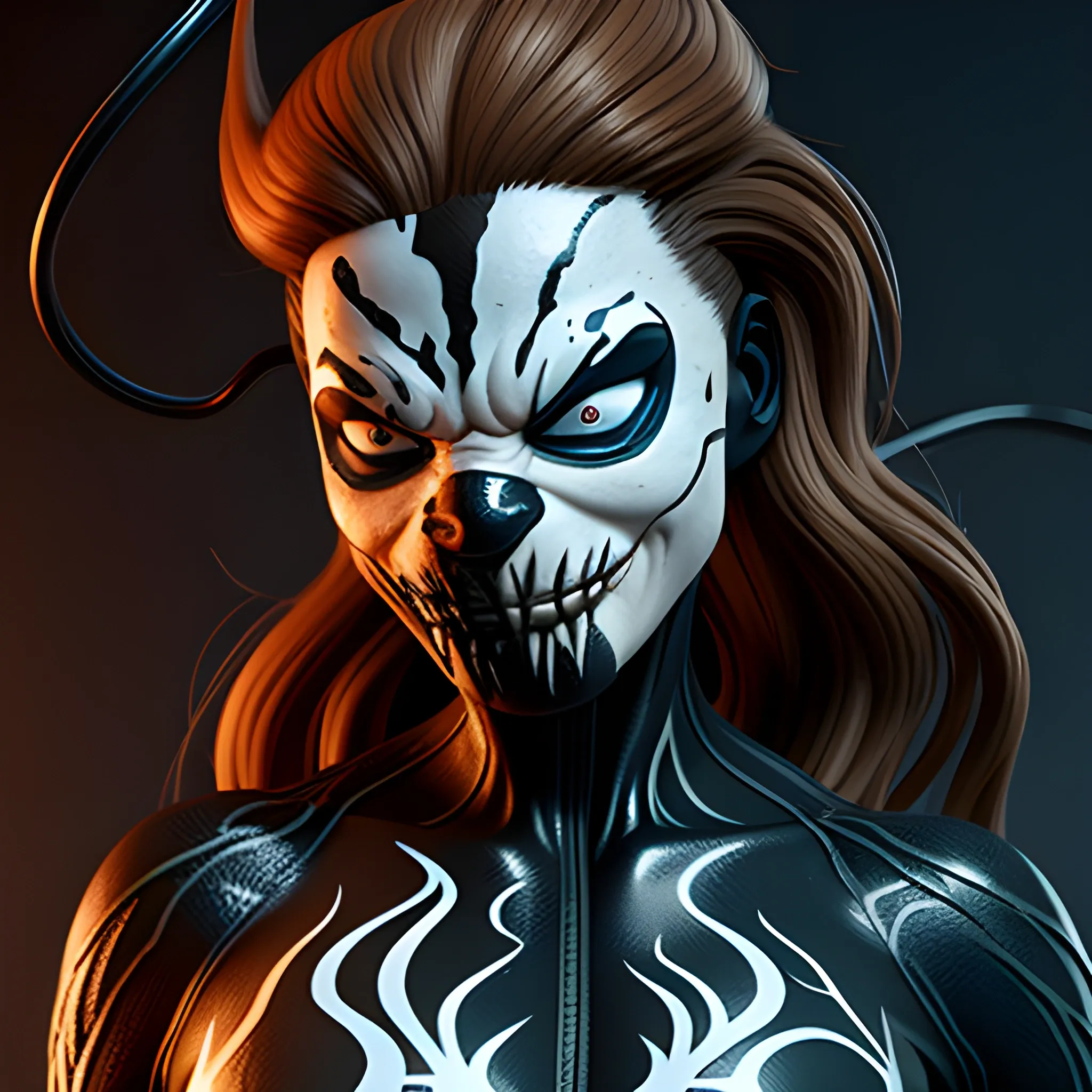 Female venom character with electric charges surrounding her and brown hair, 3D, 3D