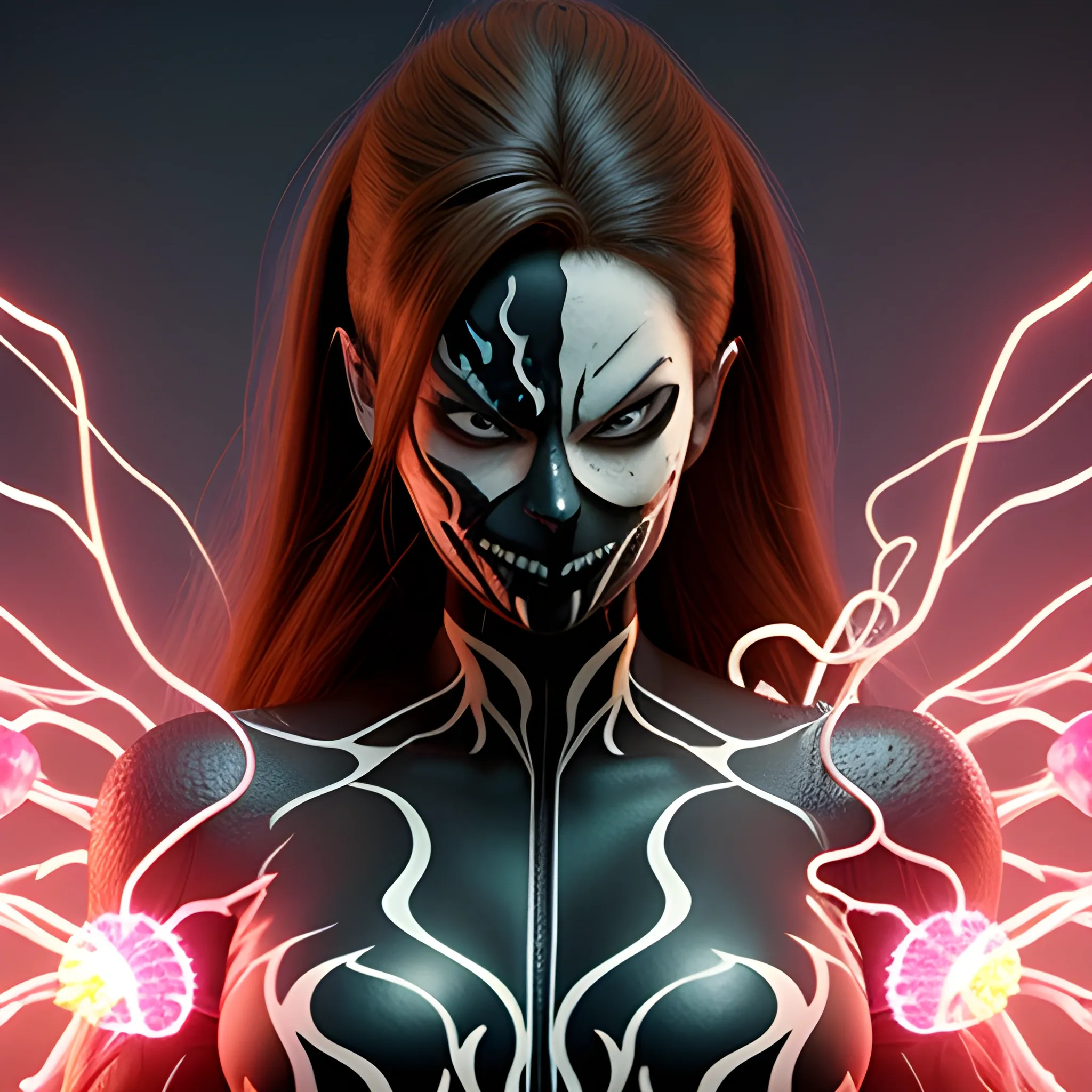 Beautiful Female venom character with electric charges surrounding her and brown hair, 3D, 3D