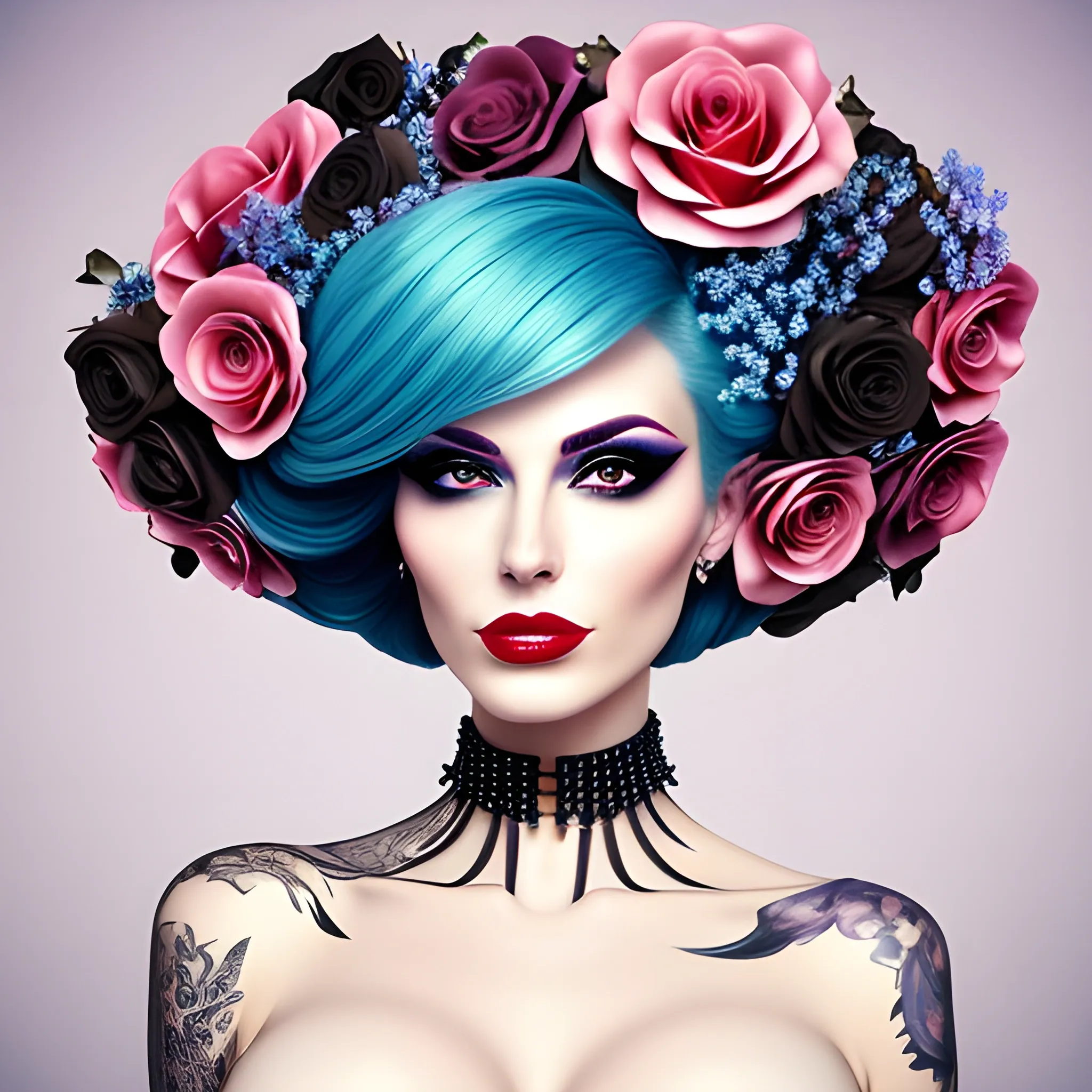 Portrait of a beautiful girl in bloom, mysterious and elegant floral punk fashion