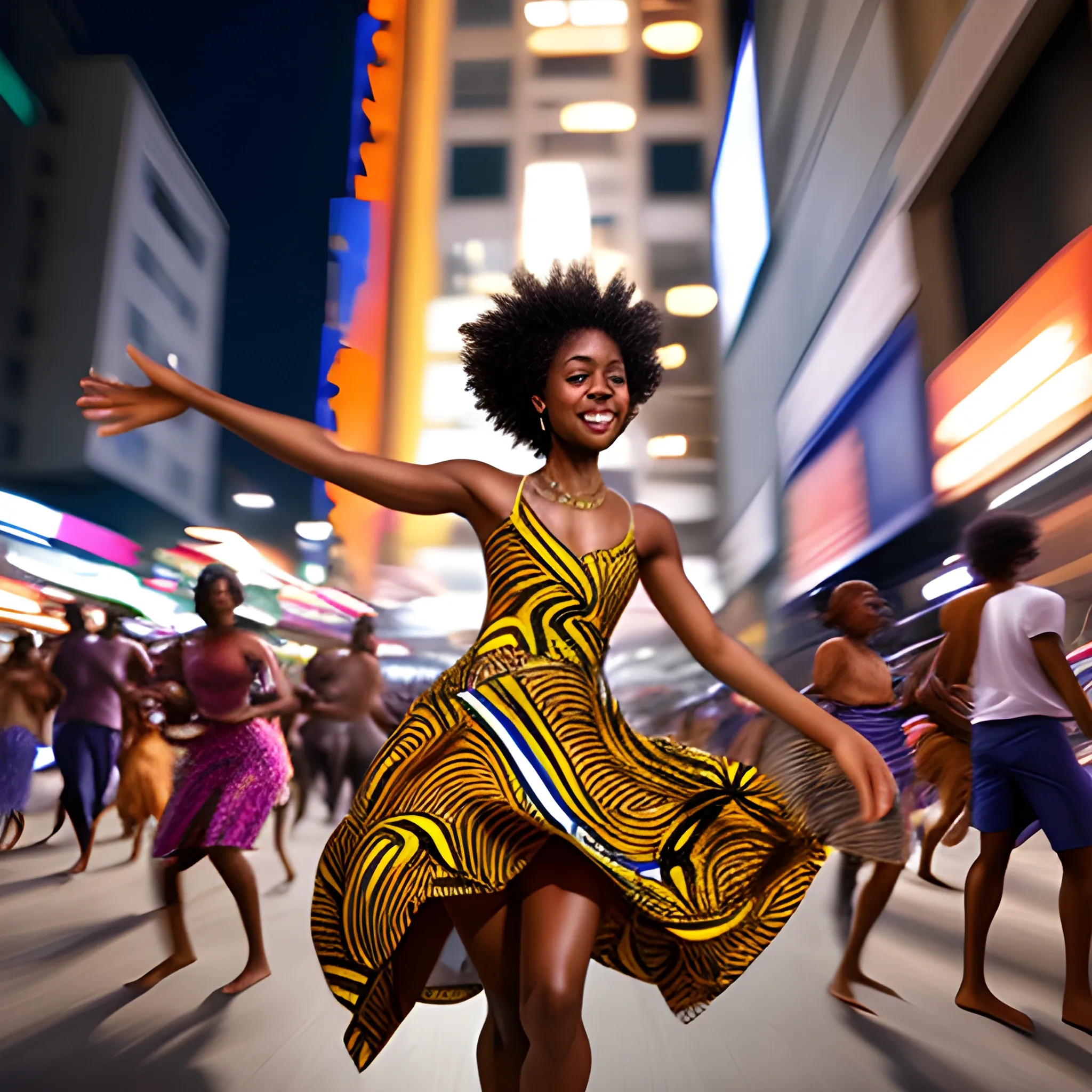 night, detailed carefree african american barefoot woman, wild, dancing, flowing dress, crowded urban area