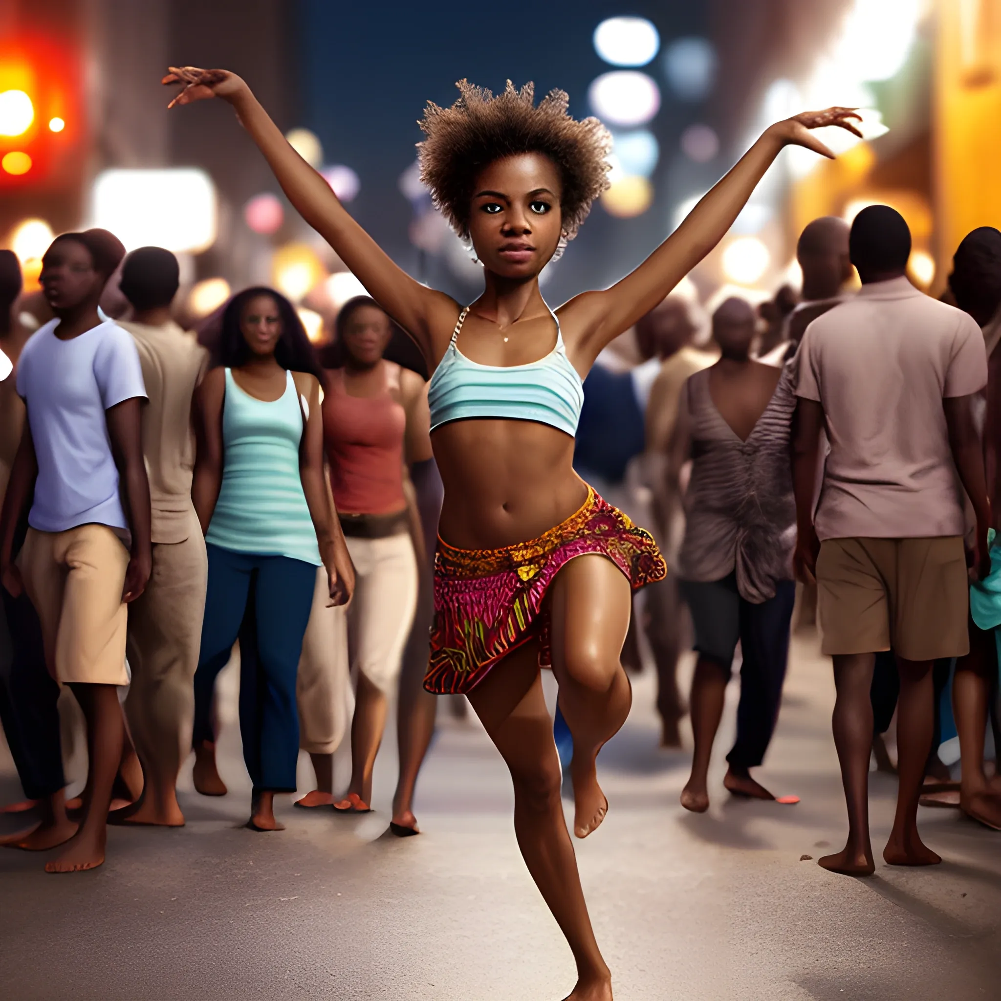 night, detailed carefree african american barefoot woman, wild, dancing, closeup on feet, crowded urban area