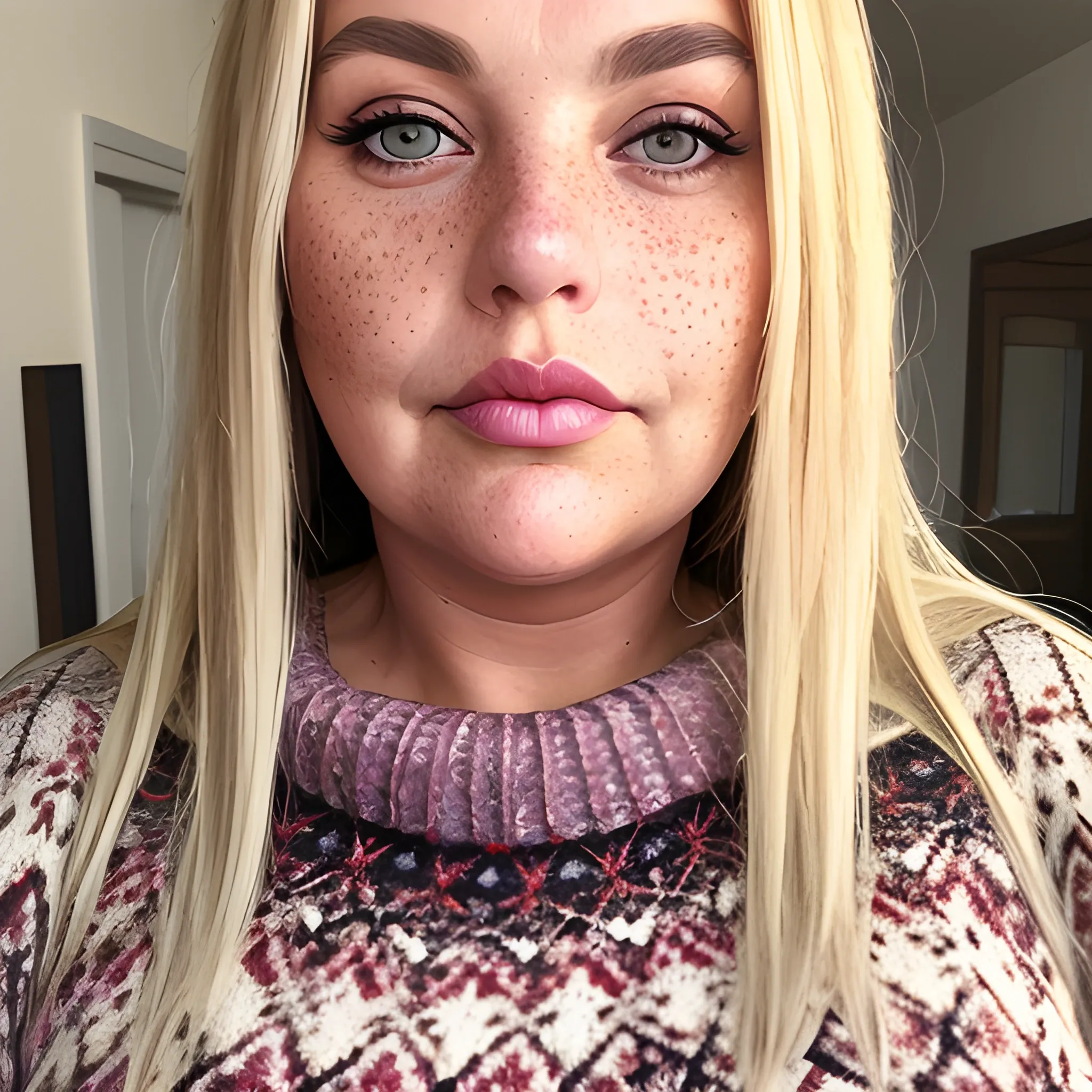 Tall beautiful plus sized, buxom, ample, early middle-aged  Italian Woman, long straight blonde hair, full lips, full face, freckles, fitted mauve patterned sweater, looking down at the camera, up close pov, detailed 