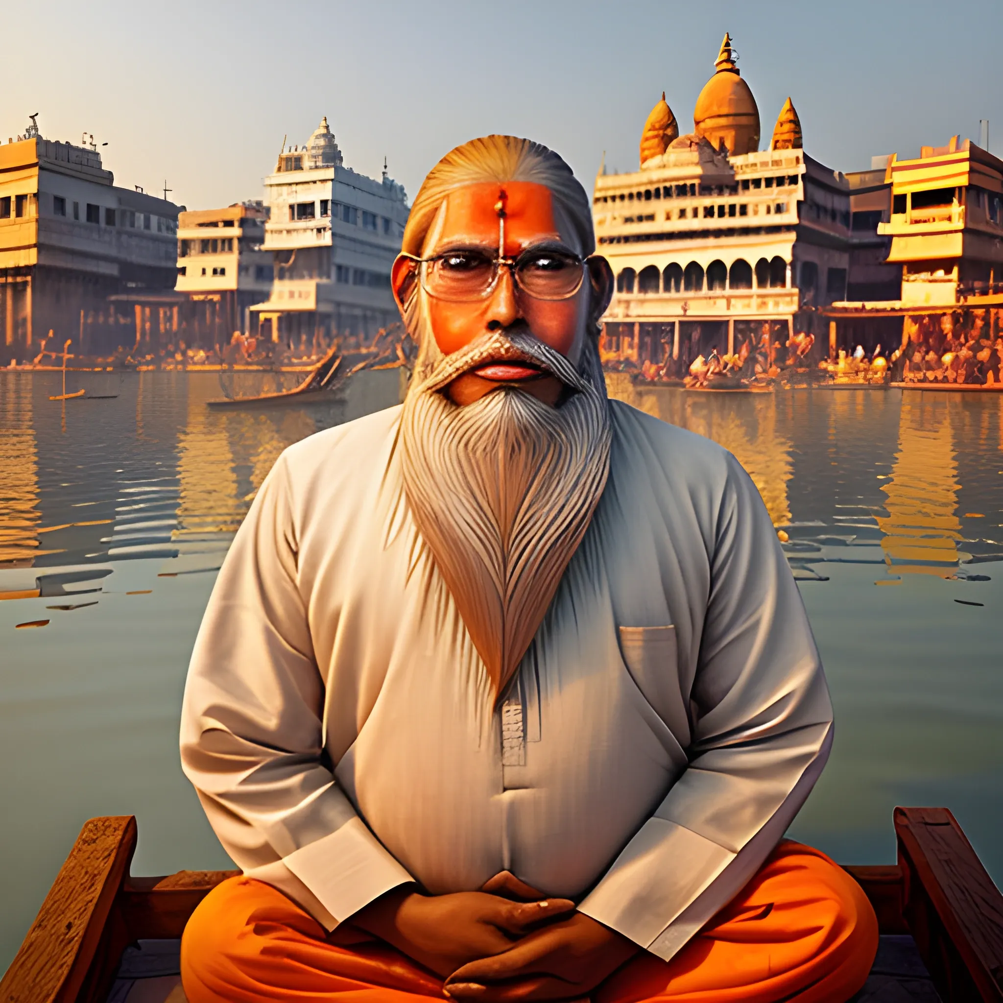 picture of old hindu priest sitting and praying on the banks of river Ganges in the city of ((Varanasi)) hyper realistic face, symmetric face, ((with beard)) ultra high definition quality, temples and people in background