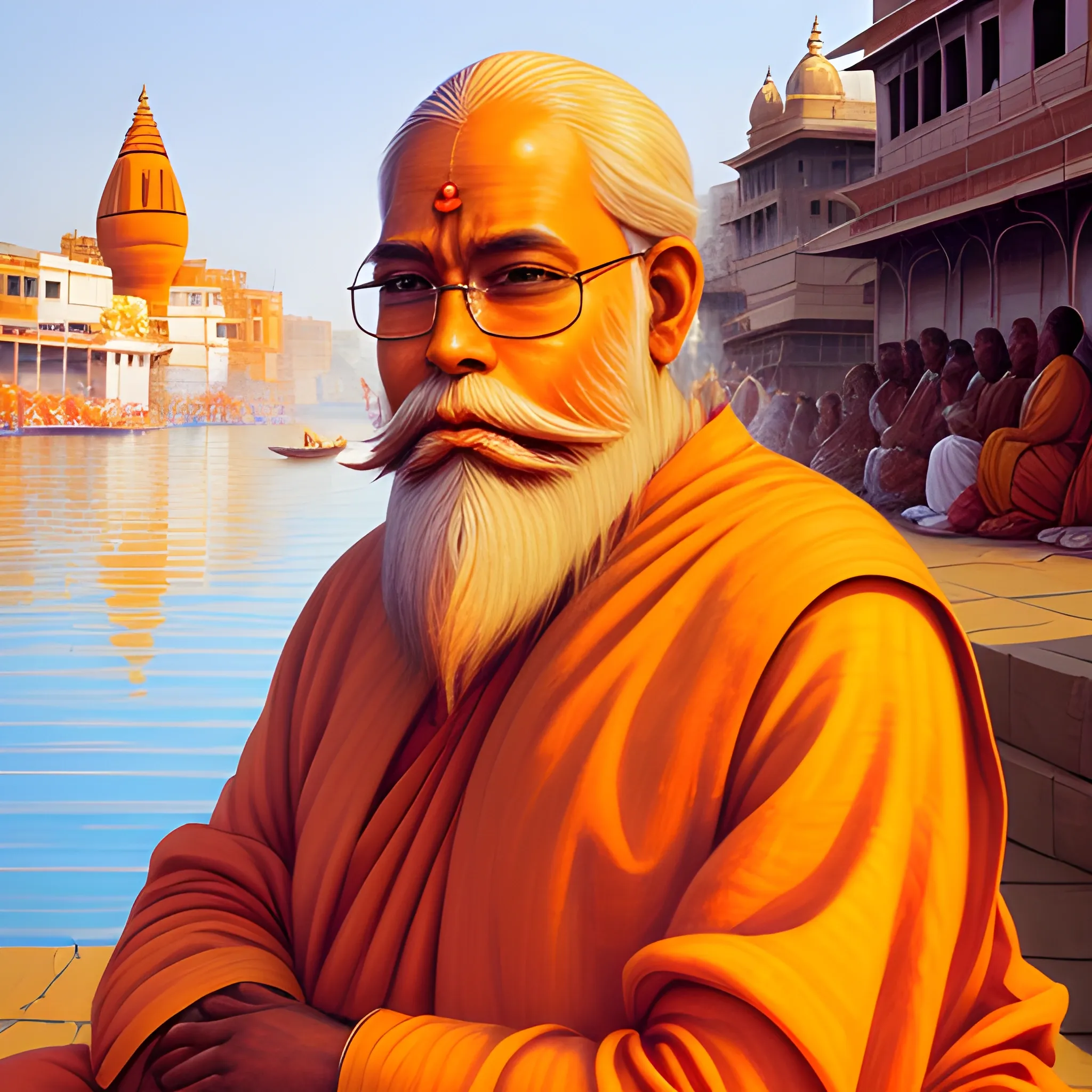 picture of old hindu priest sitting and praying on the banks of river Ganges in the city of ((Varanasi)) hyper realistic face, symmetric face, ((with beard)) ultra high definition quality, temples and people in background, Oil Painting