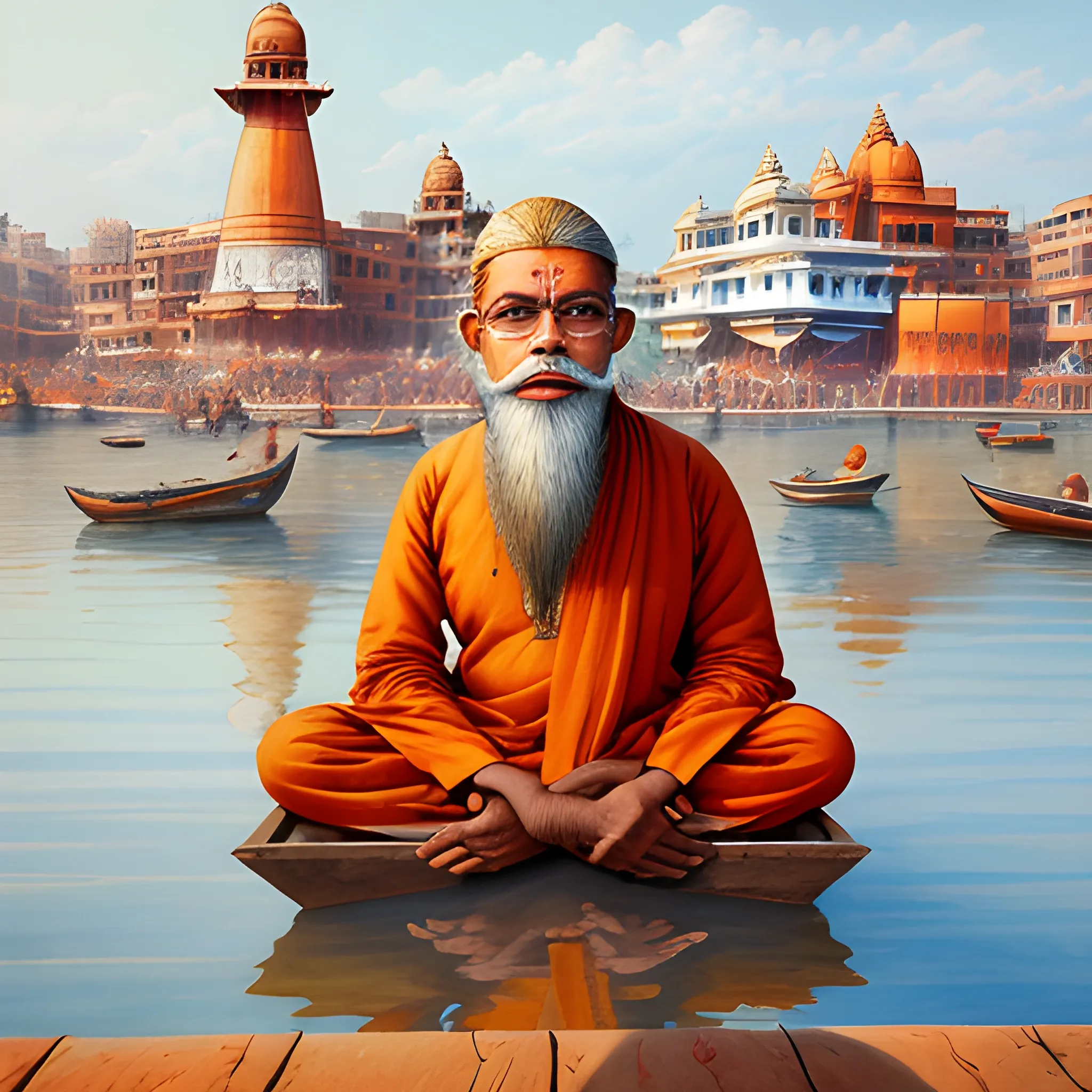 picture of old and poor hindu priest sitting and praying on the banks of river Ganges in the city of ((Varanasi)) hyper realistic face, symmetric face, ((with beard)) ultra high definition quality, temples and people in background, Water Color, Trippy, Cartoon, 3D, Pencil Sketch, Oil Painting, Water Color