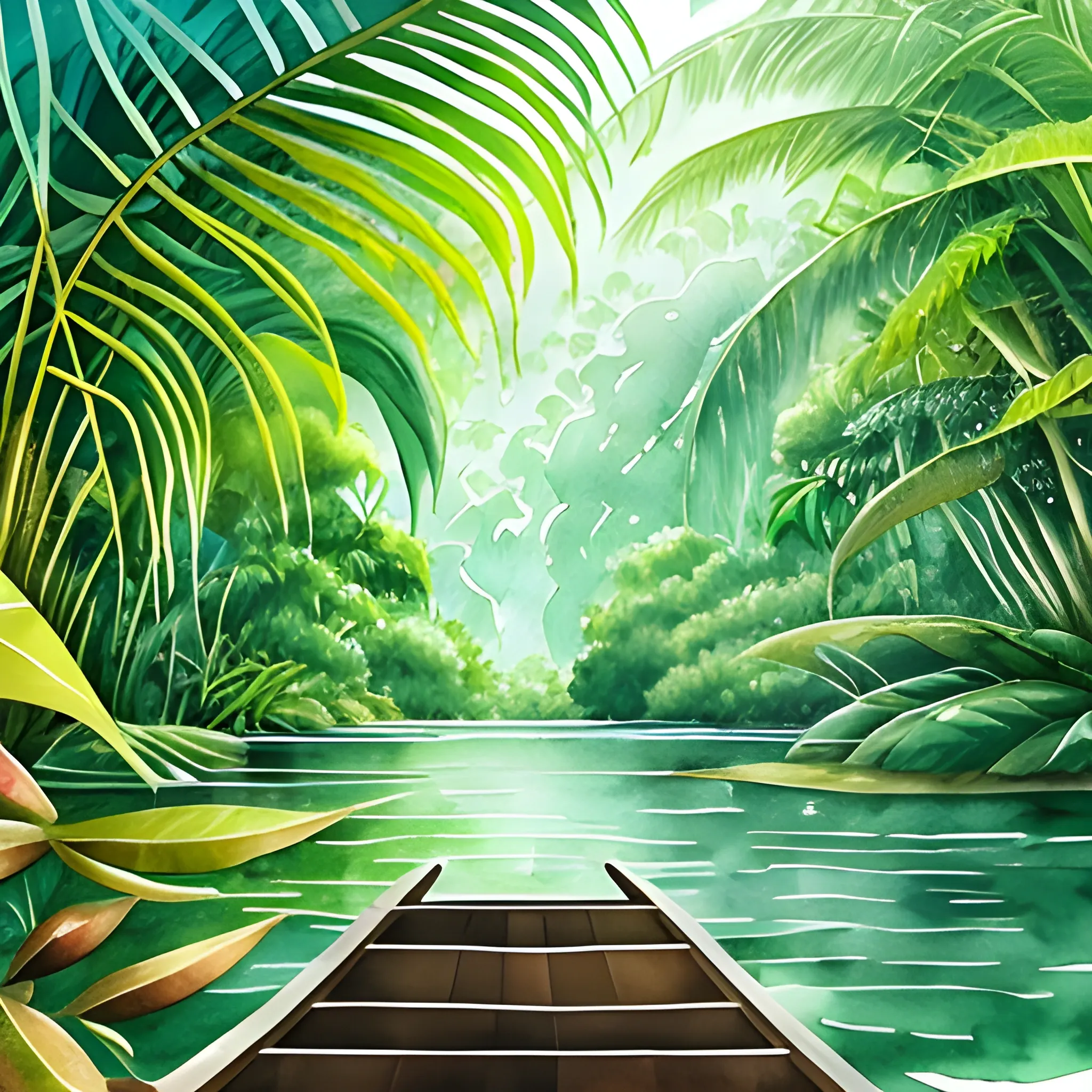 Imagine a serene and lush scene in the midst of a dense tropical jungle. From the front perspective of a small barge, capture the beauty of the river stretching out before you with simple and delicate watercolor strokes. The winding waters reflect the dappled sunlight filtering through the green canopy, creating a play of shadows and glimmers on the water's surface.

Incorporate details of the barge, with its weathered wood and some resting oars, using subtle strokes that highlight texture and simplicity. On the riverbanks, envision the lush jungle vegetation with towering trees, vines, and vibrant flowers, represented with soft strokes that convey the serenity of nature.

Ensure to include the rich color palette of the jungle, from the intense greens of the leaves to the warm tones of sunlight filtering through, using watercolor strokes to achieve a harmonious blend. May the composition, with its simple and watercolor strokes, invite viewers to immerse themselves in the wonder of untouched nature and adventure in the midst of this mysterious jungle!