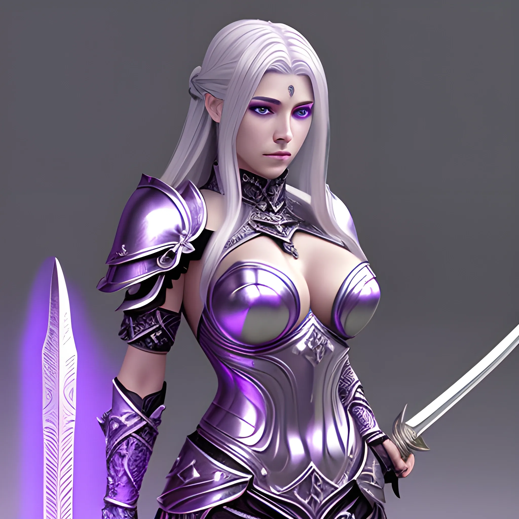 fantasy, paladin, warrior, female, long silver hair, purple eyes, violet eyes, intricate light armor, hyper realistic, 3D, elegant, mysterious, strong, silver hair, sword, pretty, big boobs