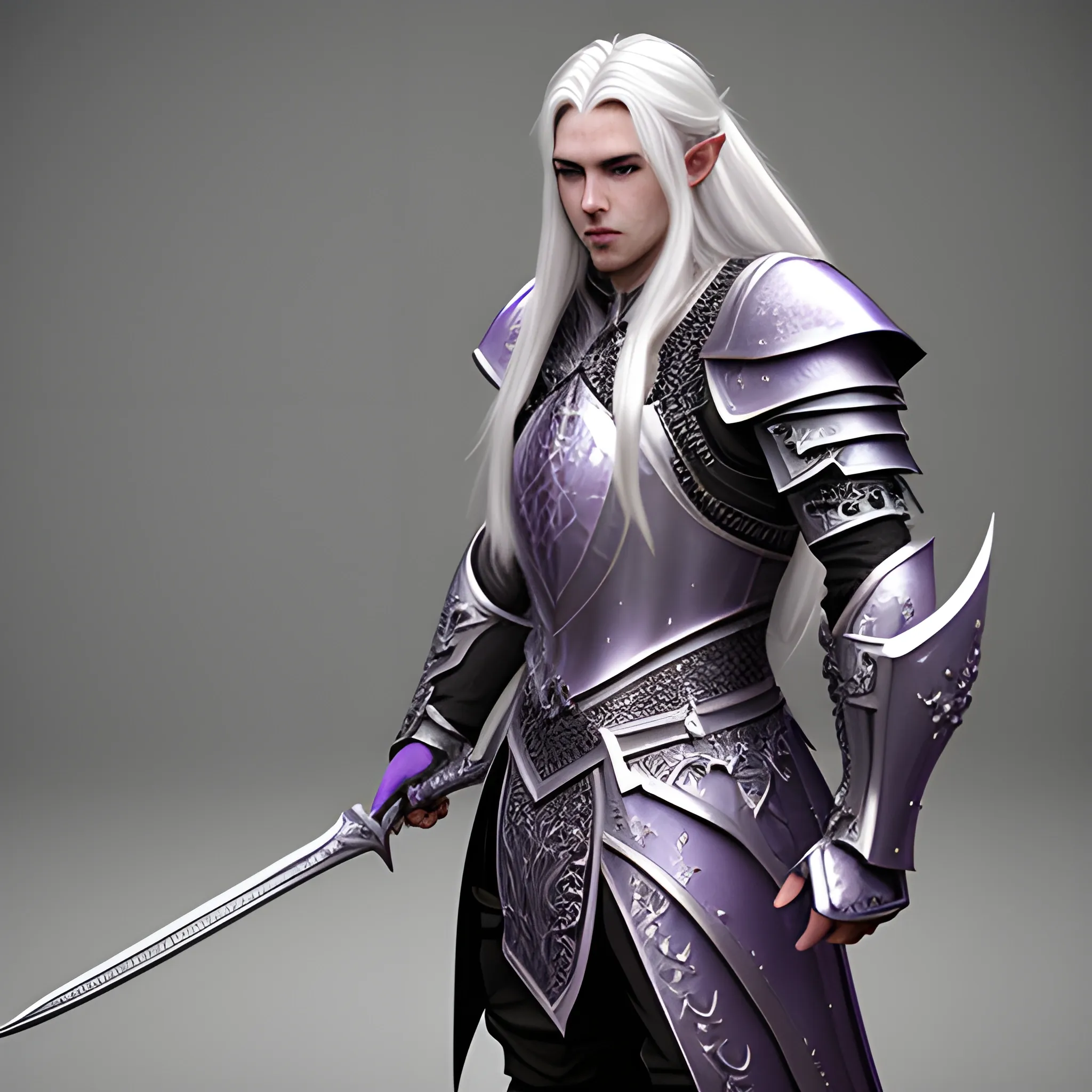 fantasy, paladin, warrior, male, long silver hair, intricate black and purple heavy armor, hyper realistic, 3D, elegant, mysterious, strong, silver hair, elf, pale skin