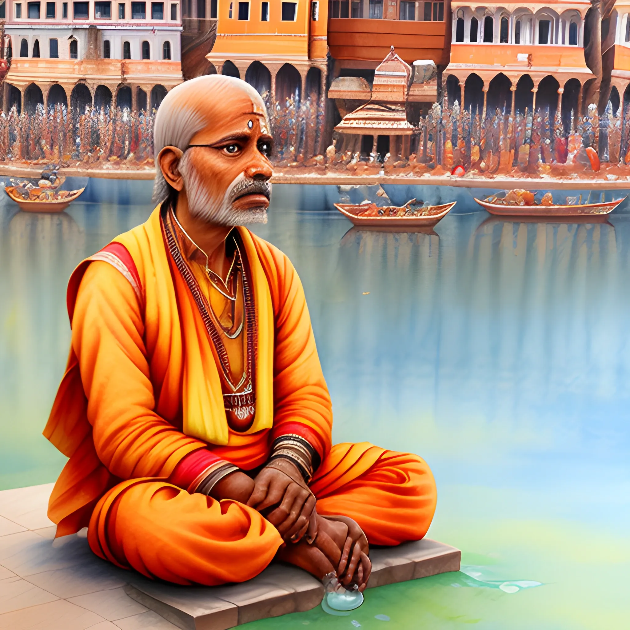 picture of old and poor hindu priest sitting and praying on the banks of river Ganges in the city of ((Varanasi)) hyper realistic face, symmetric face,  ultra high definition quality, temples and people in background, ((Water Color)), 3D, Pencil Sketch, Oil Painting