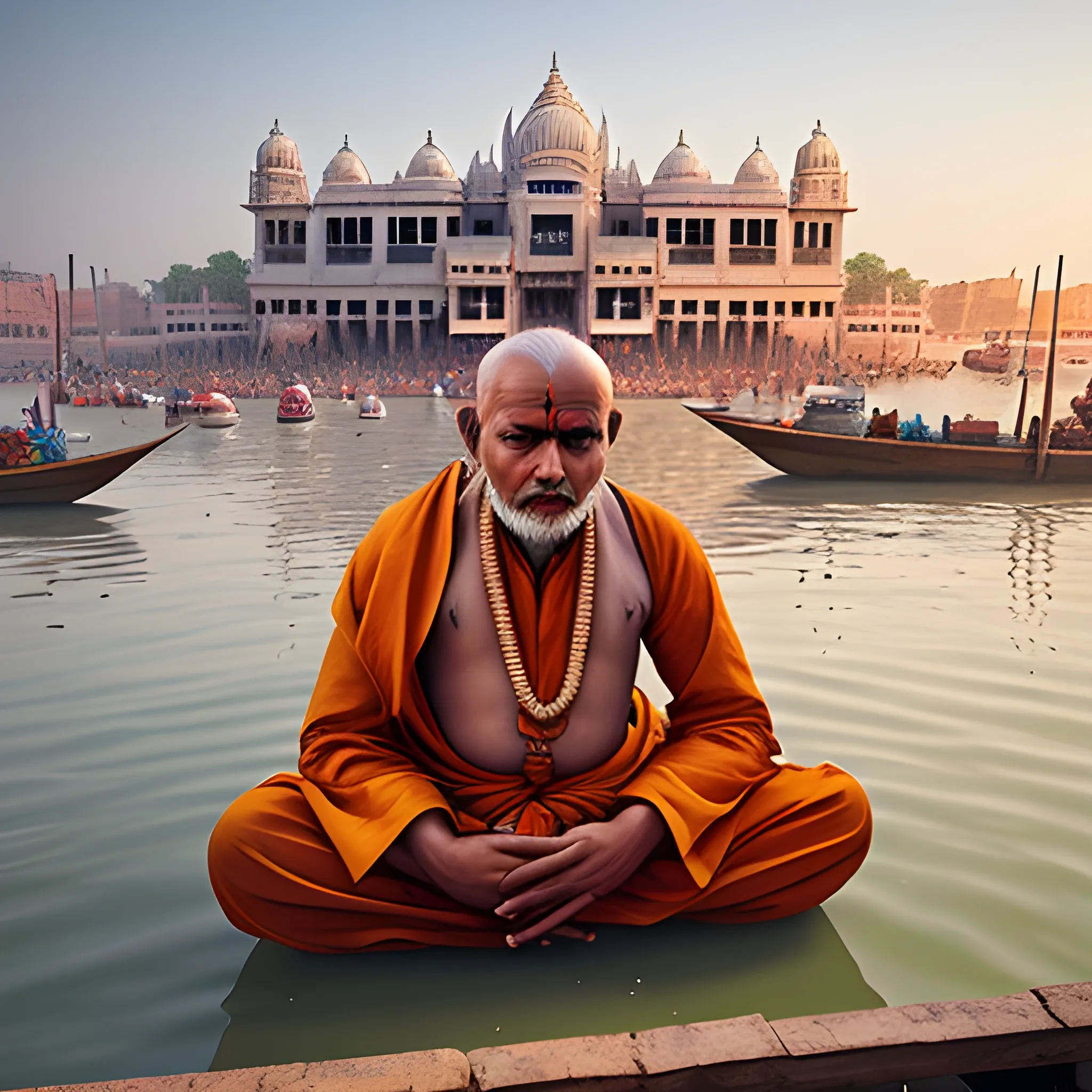 picture of old  hindu priest sitting and praying on the ghaat of river Ganga in the city of ((Varanasi)) hyper realistic face, symmetric face,  ultra high definition quality, temples and people in background
